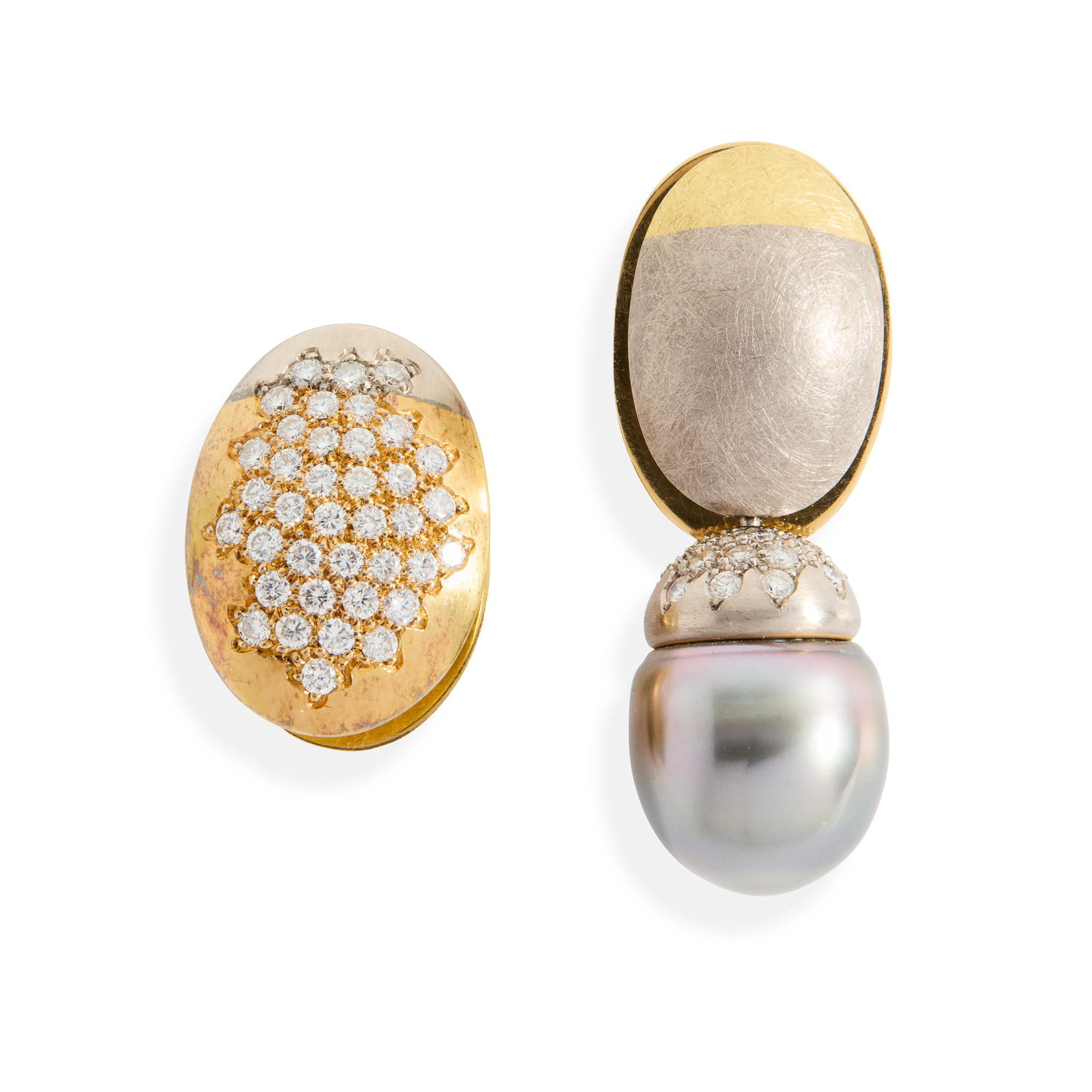 Peter Plöderl: A pair of asymmetric diamond and Tahitian pearl earrings