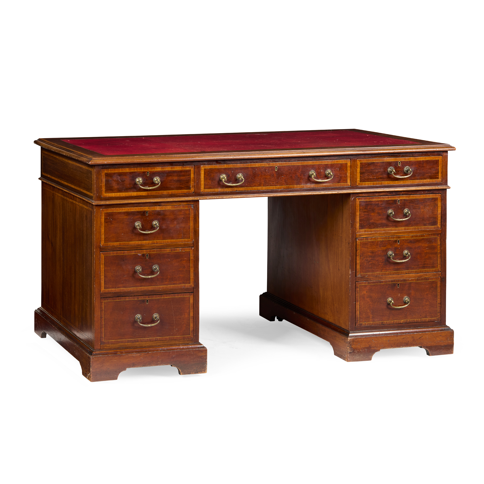 VICTORIAN MAHOGANY AND SATINWOOD PEDESTAL DESK