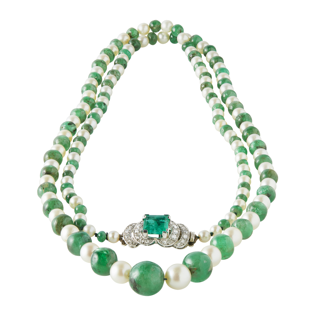An emerald, pearl and diamond set necklace