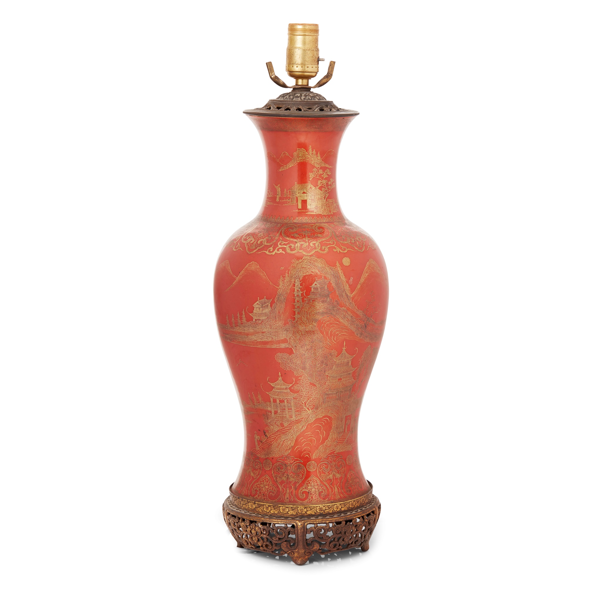 GILT-DECORATED CORAL GROUND BALUSTER VASE