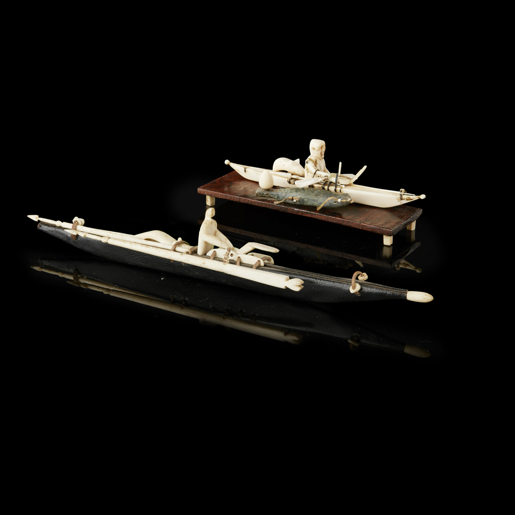 TWO GREENLANDIC INUIT KAYAK AND ROWER SCULPTURES