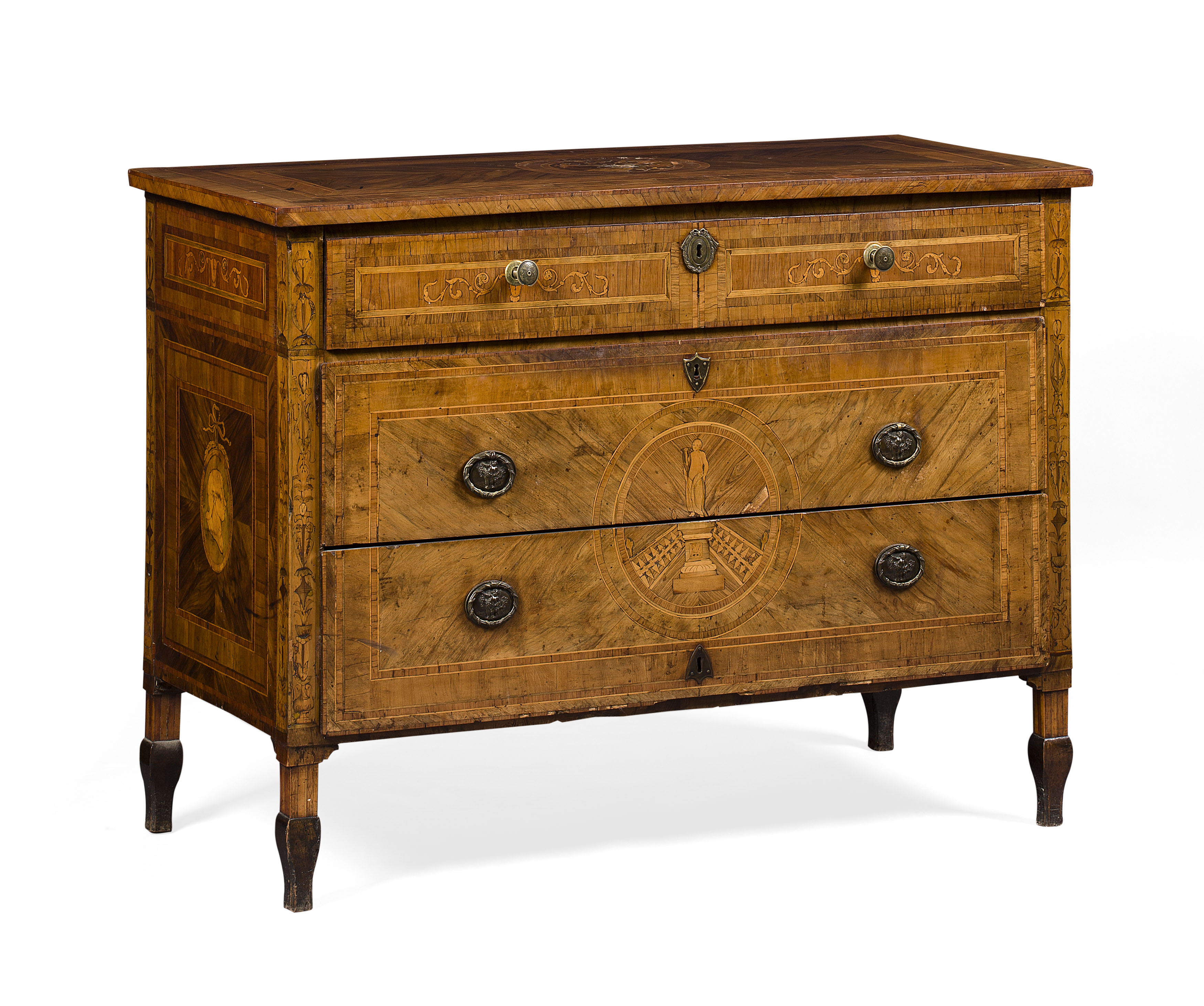 ITALIAN NEOCLASSICAL WALNUT, FRUITWOOD AND MARQUETRY COMMODE