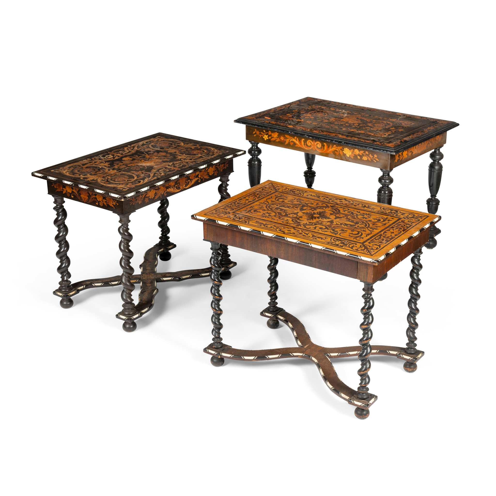 AN EBONISED AND MARQUETRY INLAID CENTRE TABLE