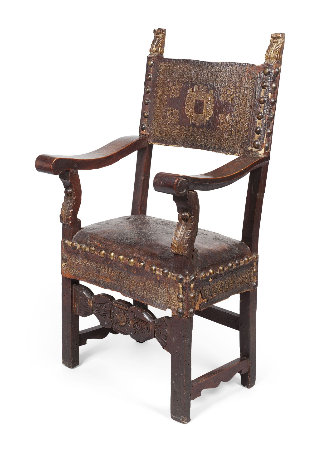 ITALIAN WALNUT, PARCEL GILT AND LEATHER ARMCHAIR