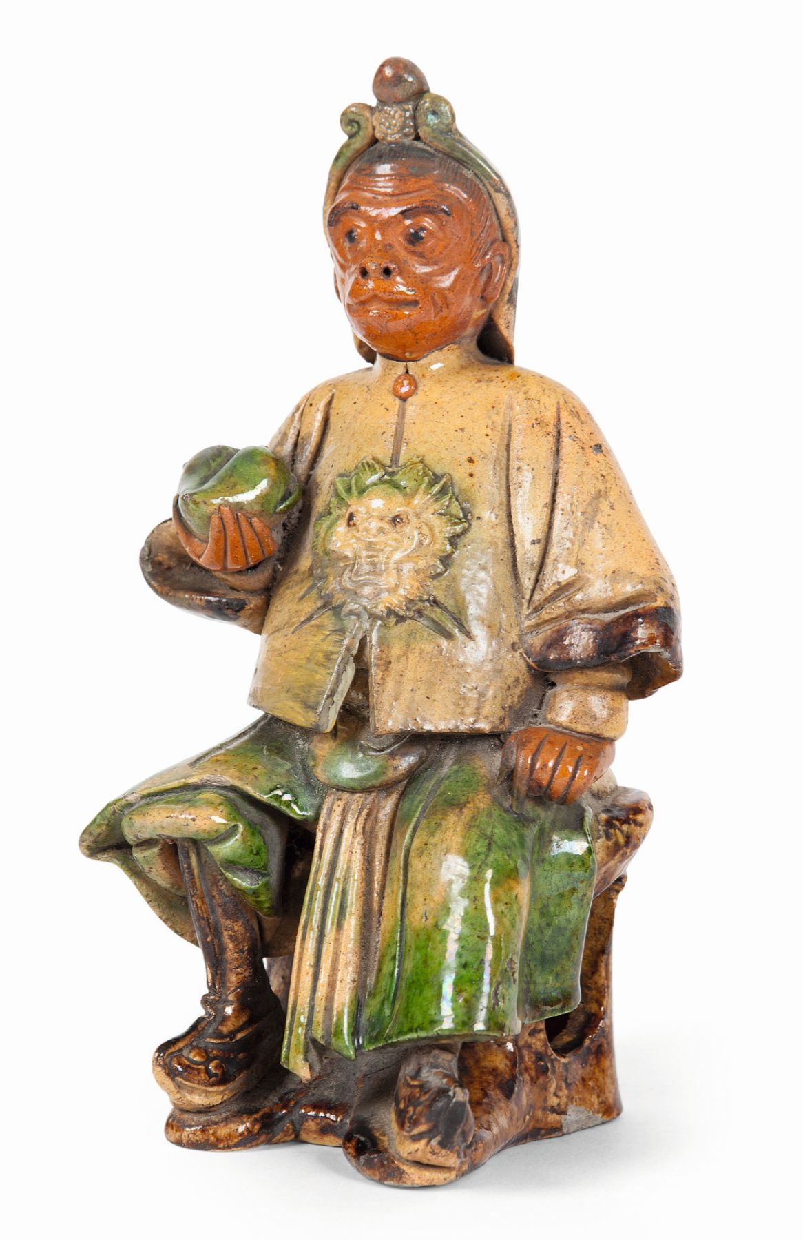 UNUSUAL CHINESE GLAZED POTTERY FIGURE OF A SEATED MONKEY