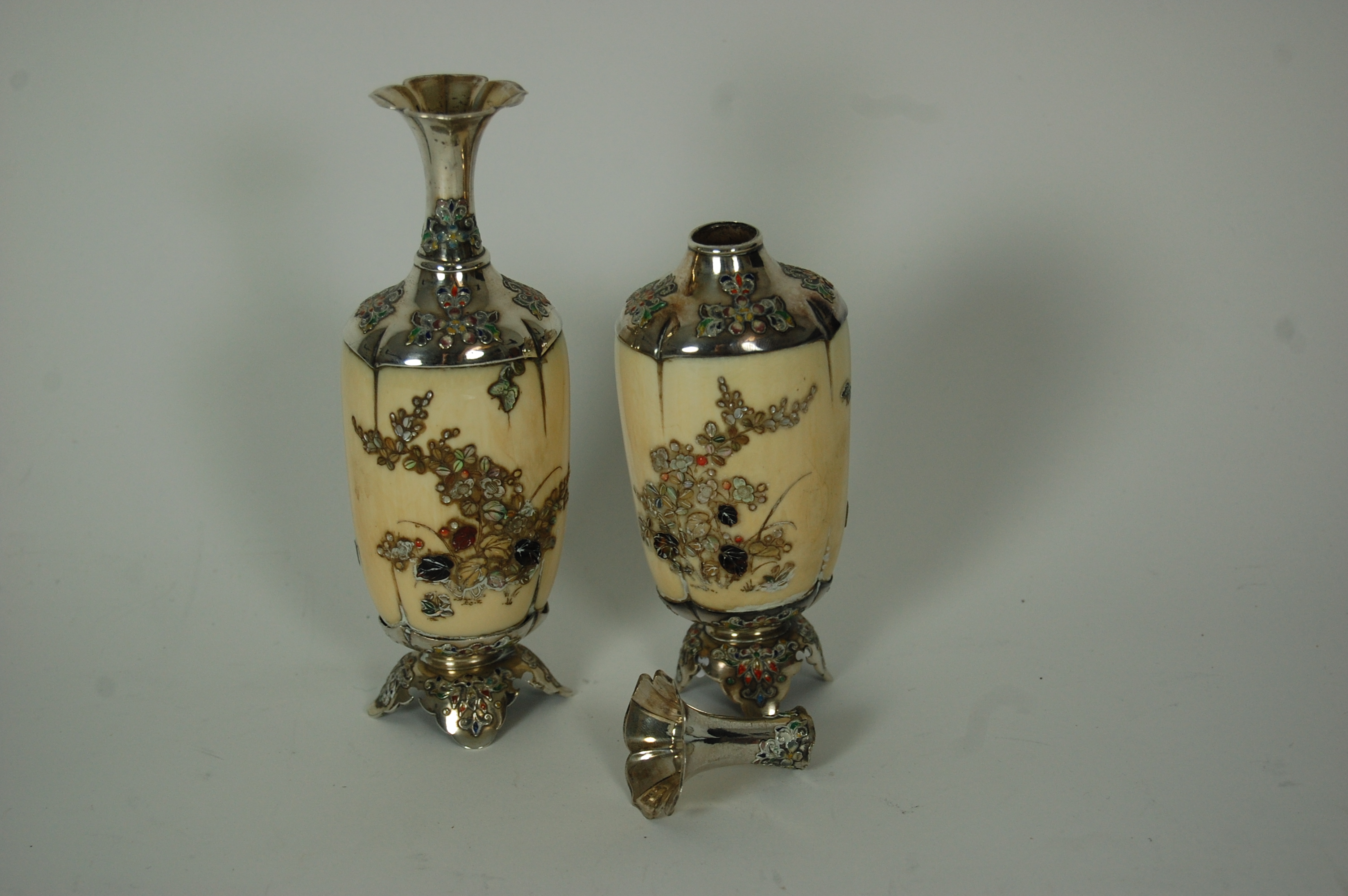 PAIR OF JAPANESE SILVER MOUNTED SHIBAYAMA VASES