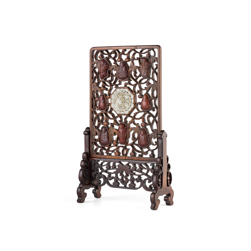 AMBER AND HARDSTONE INSET WOODEN TABLE SCREEN