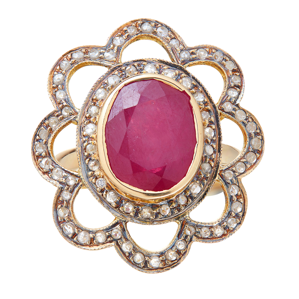 A Russian ruby and diamond set ring