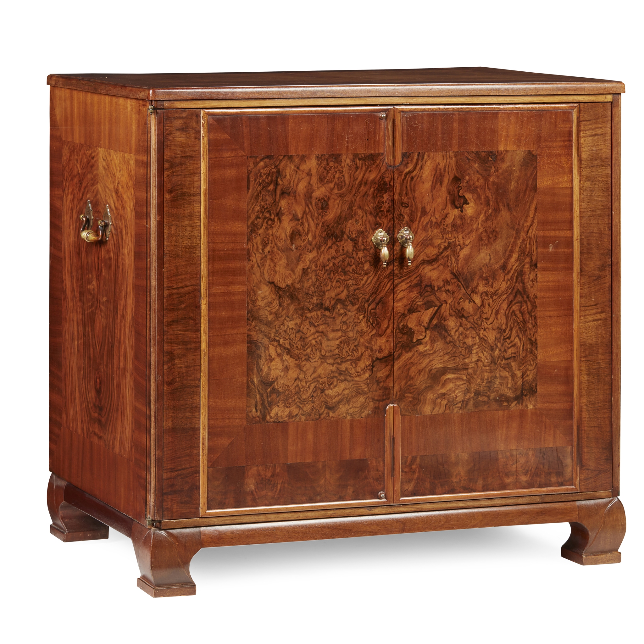 GEORGE II STYLE WALNUT, MAHOGANY, AND SATINWOOD SIDE CABINET, BY WHYTOCK & REID OF EDINBURGH