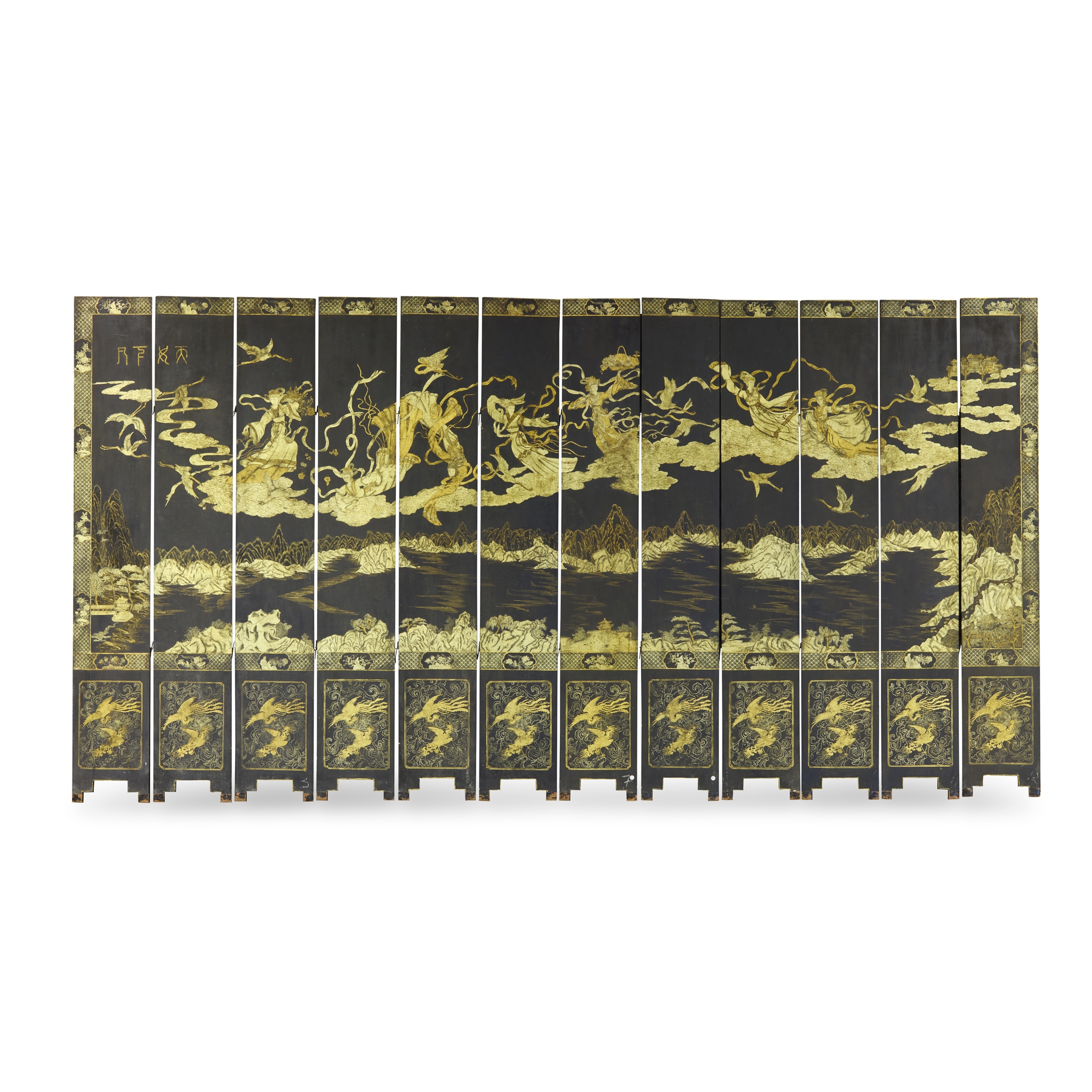 CHINESE BLACK AND GILT LACQUER TWELVE-FOLD SCREEN