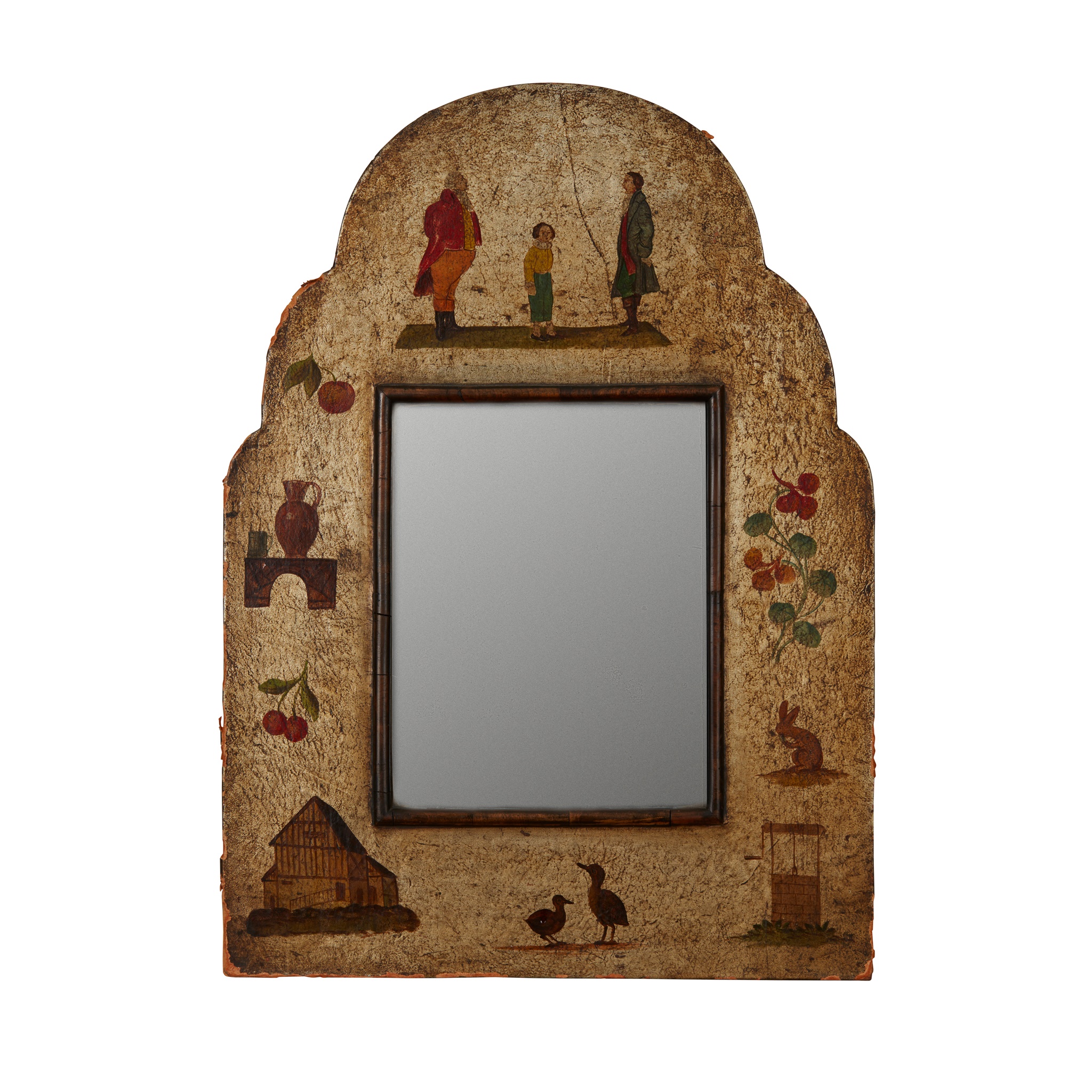 PAINTED LEATHER AND WOOD FRAMED FOLK ART MIRROR