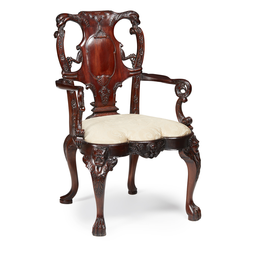 GEORGE II STYLE MAHOGANY OPEN ARMCHAIR, IN THE MANNER OF HICKS OF DUBLIN
