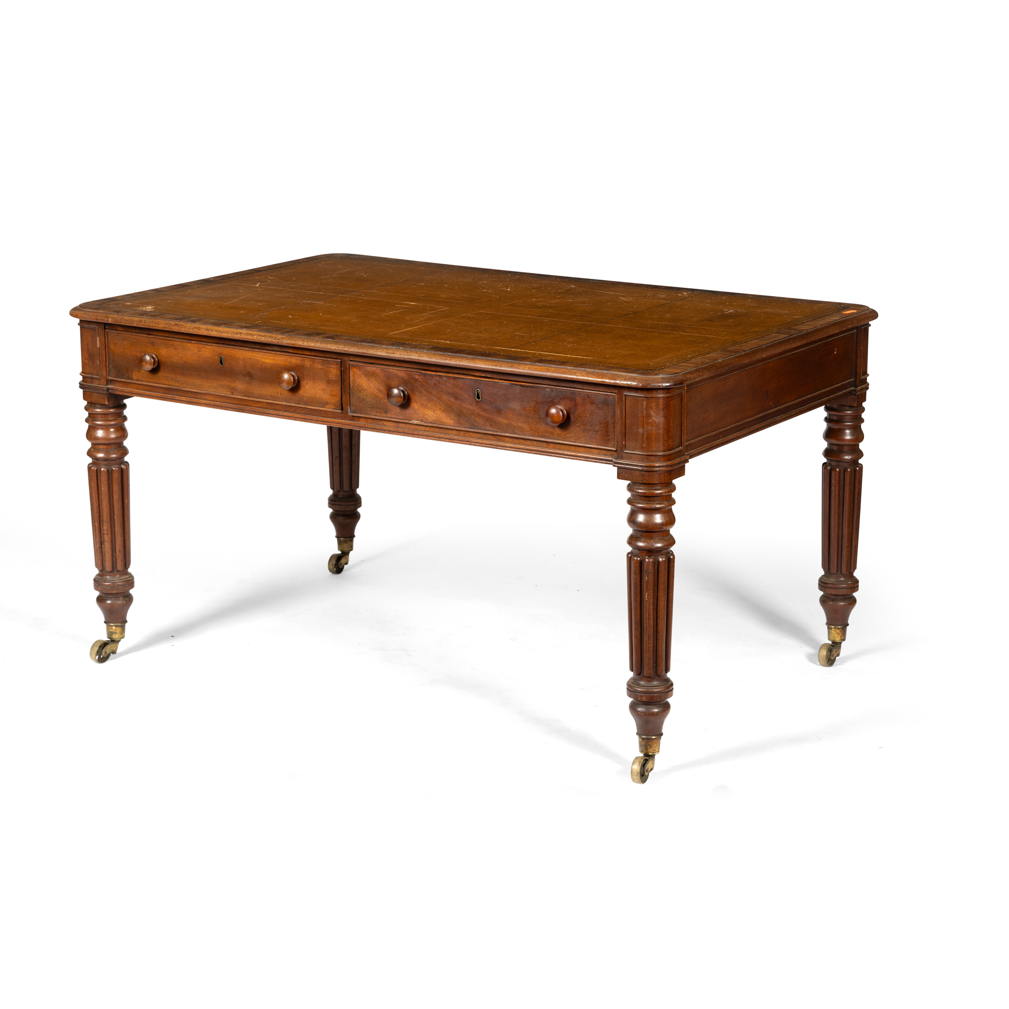 A GEORGE IV MAHOGANY AND LEATHER INSET WRITING TABLE