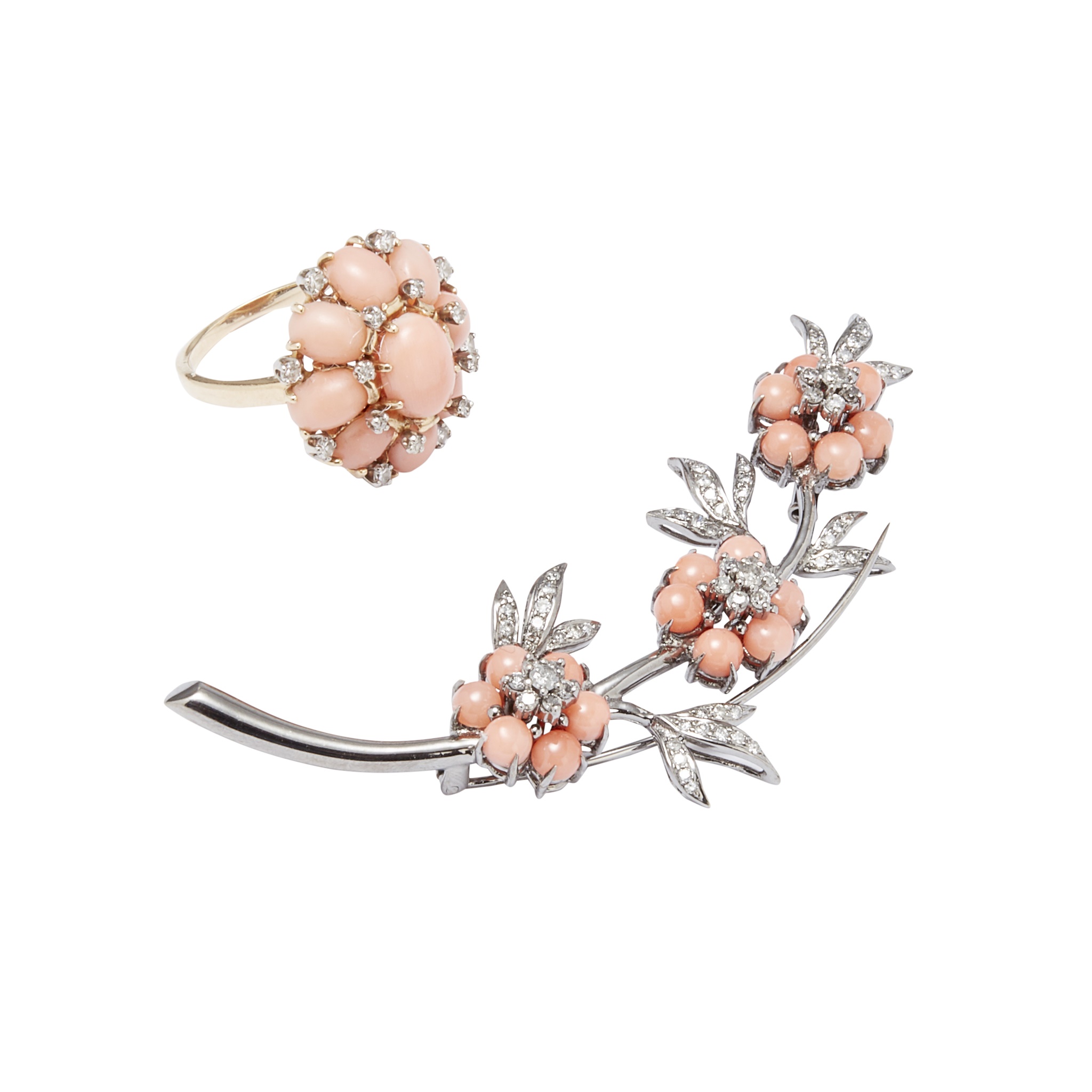 A coral and diamond set ring and brooch