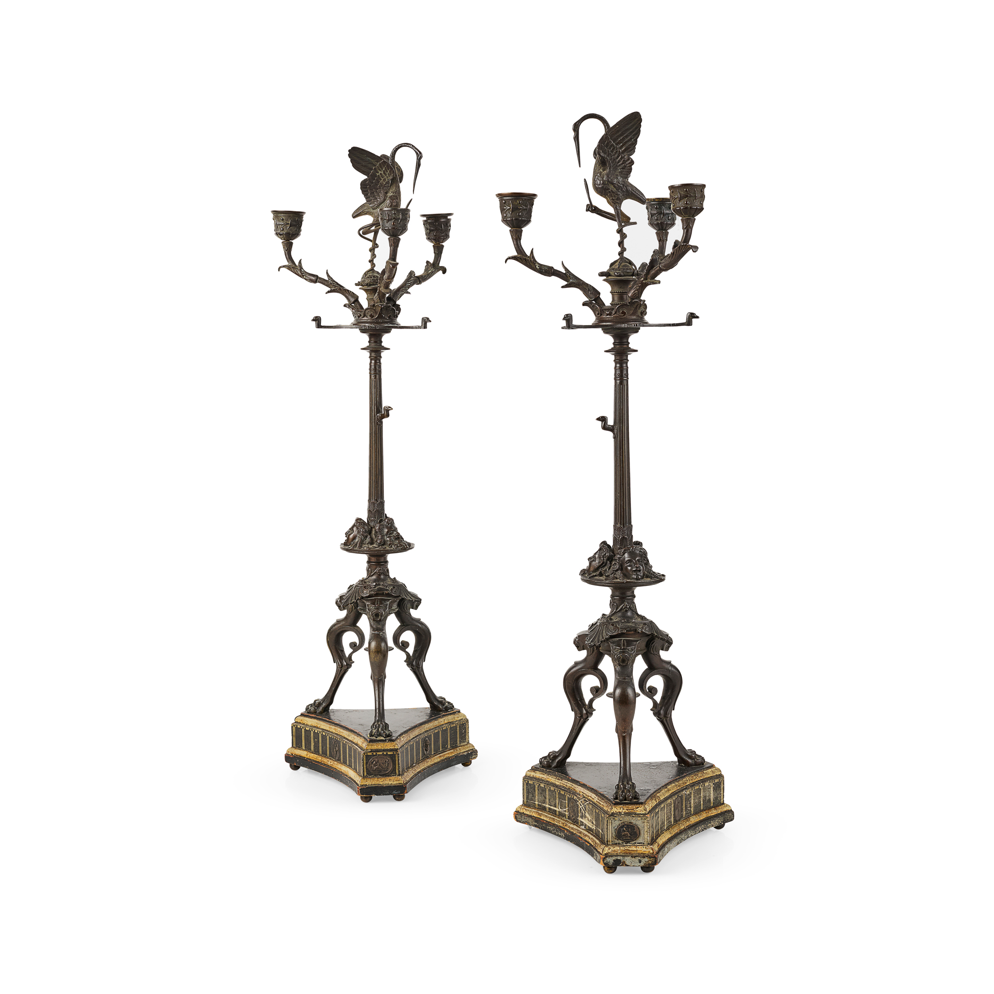 PAIR OF ITALIAN BRONZE TORCHERE CANDELABRA, AFTER THE ANTIQUE