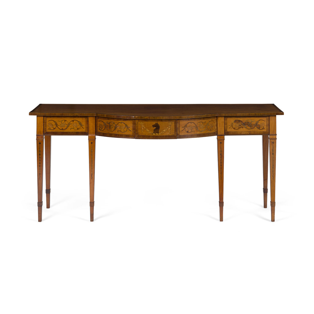 LATE GEORGE III SATINWOOD, ROSEWOOD AND MAHOGANY INLAID SERVING TABLE
