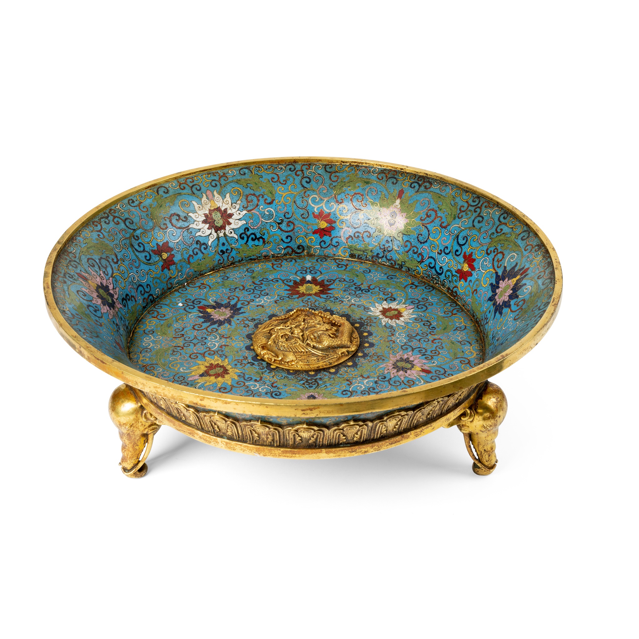 LARGE CLOISONNÉ ENAMEL 'LOTUS' ELEPHANT-HEAD TRIPOD CENSER