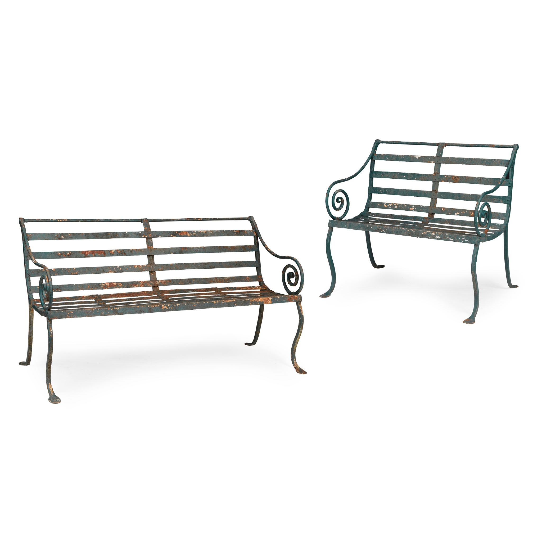 TWO GREEN PAINTED WROUGHT IRON GARDEN BENCHES