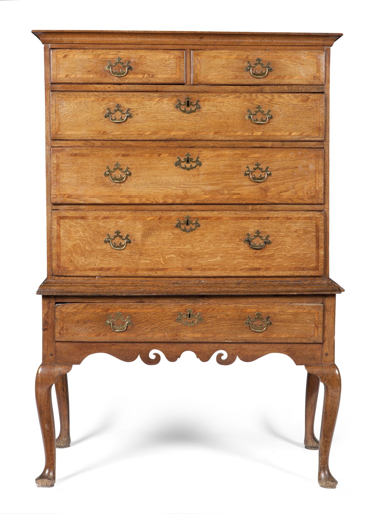 GEORGE II OAK AND WALNUT BANDED CHEST ON STAND