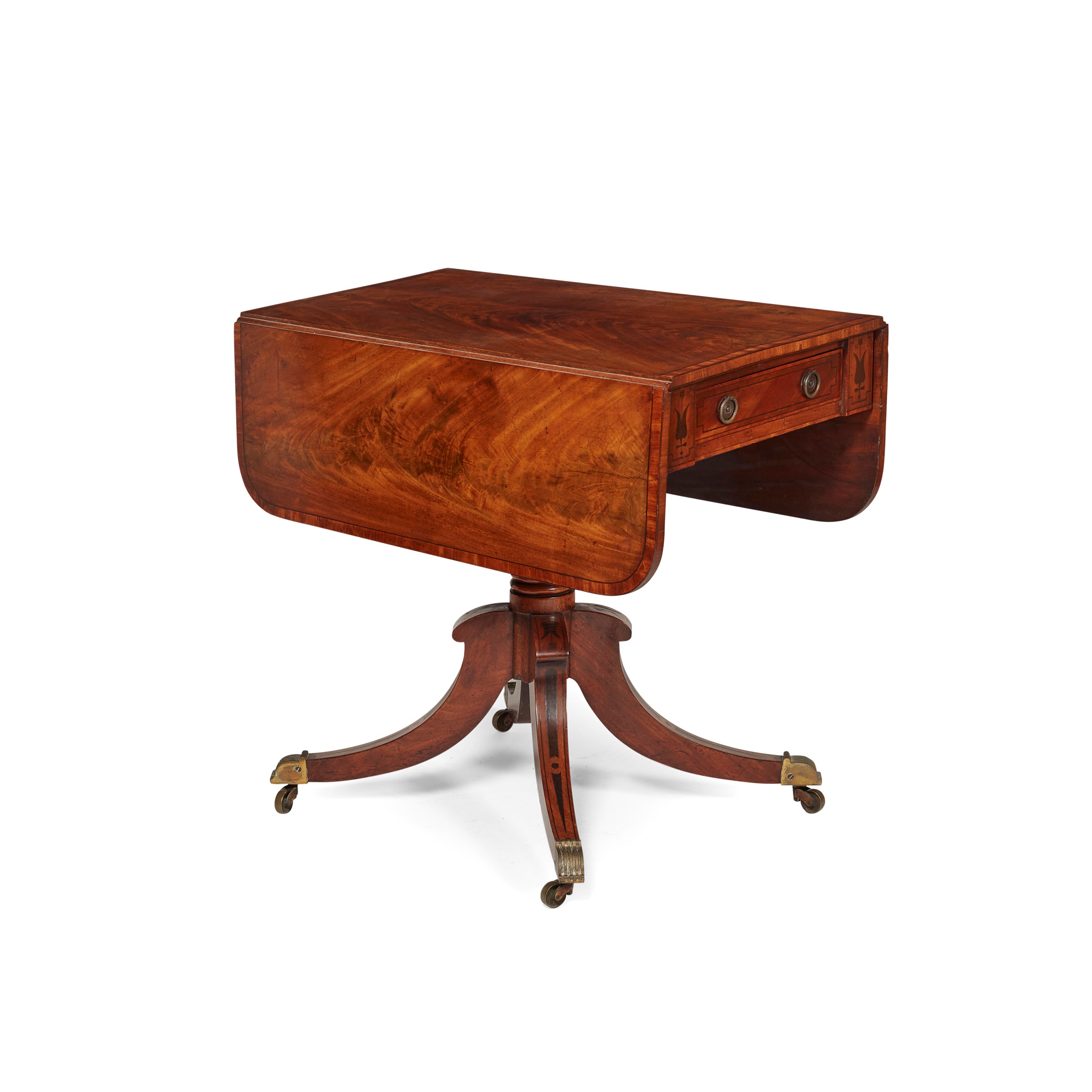 LATE GEORGE III MAHOGANY, SATINWOOD, AND INLAY PEDESTAL DROP-LEAF TABLE