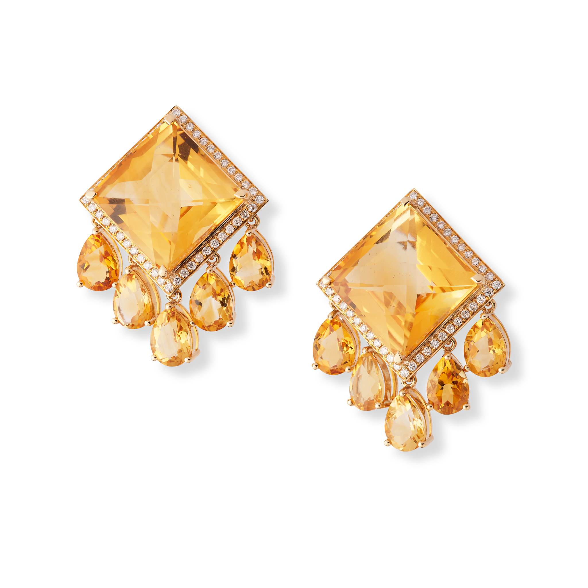 A pair of citrine and diamond tassel earrings