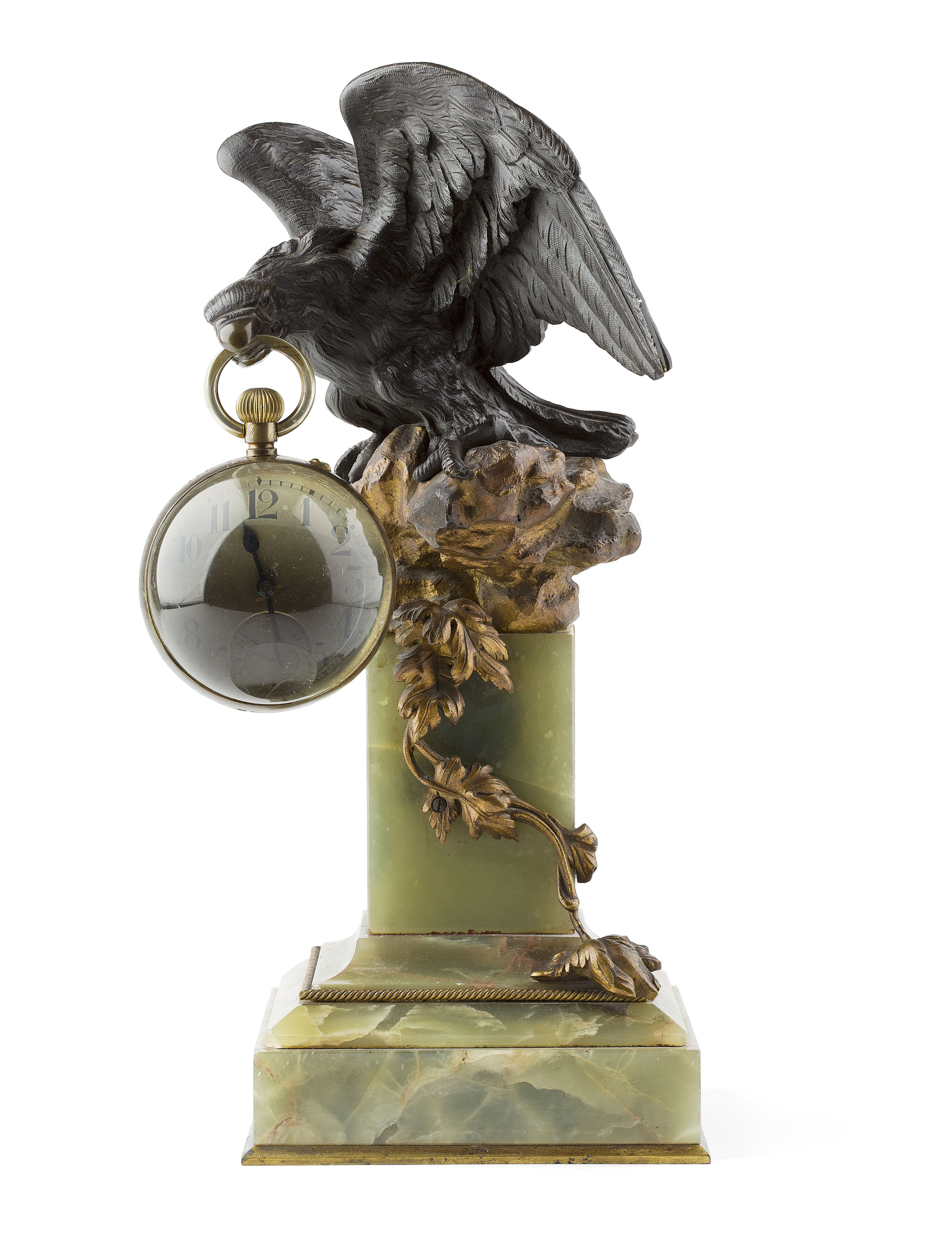 PATINATED BRONZE & GREEN ONYX HANGING BALL TIMEPIECE