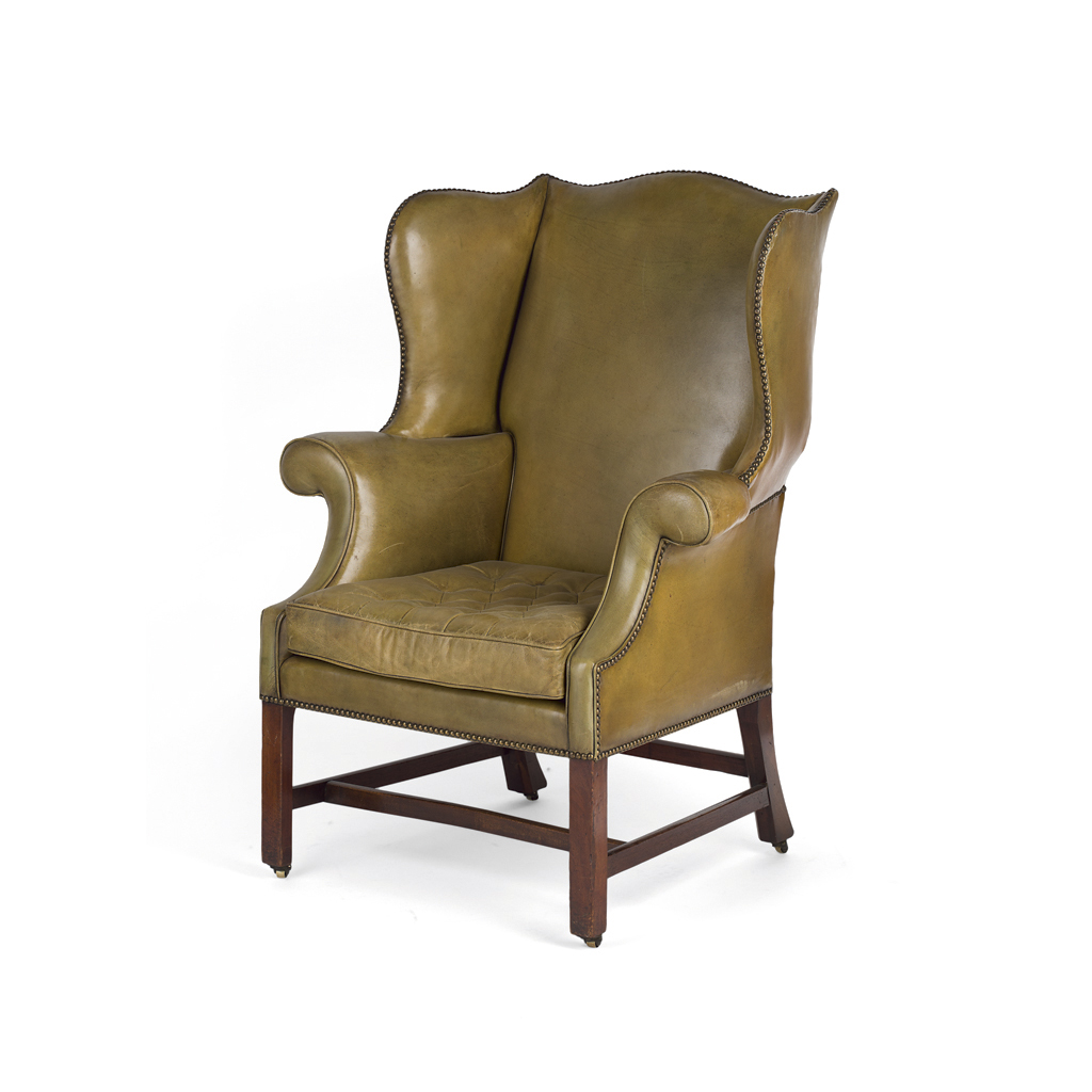 GEORGE III GREEN LEATHER UPHOLSTERED WING ARMCHAIR