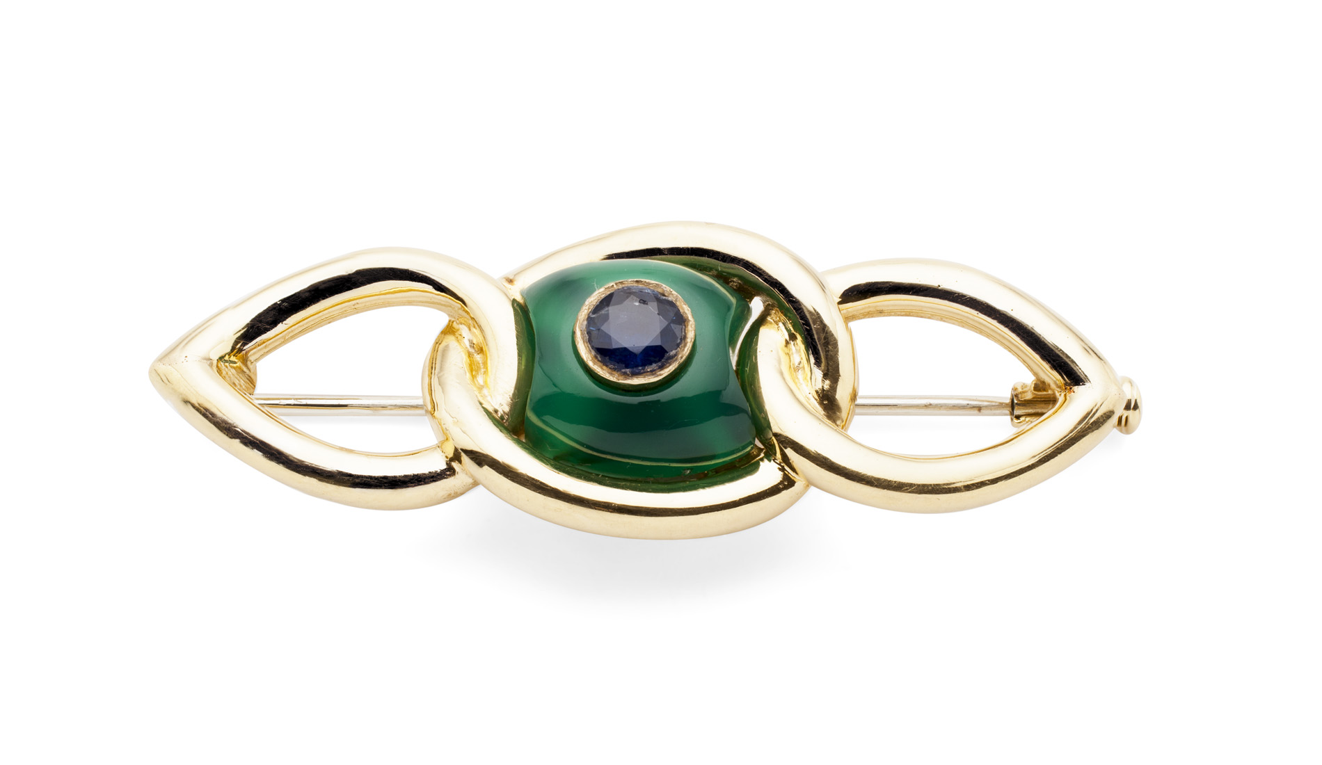 A French 15ct gold hardstone and sapphire set brooch