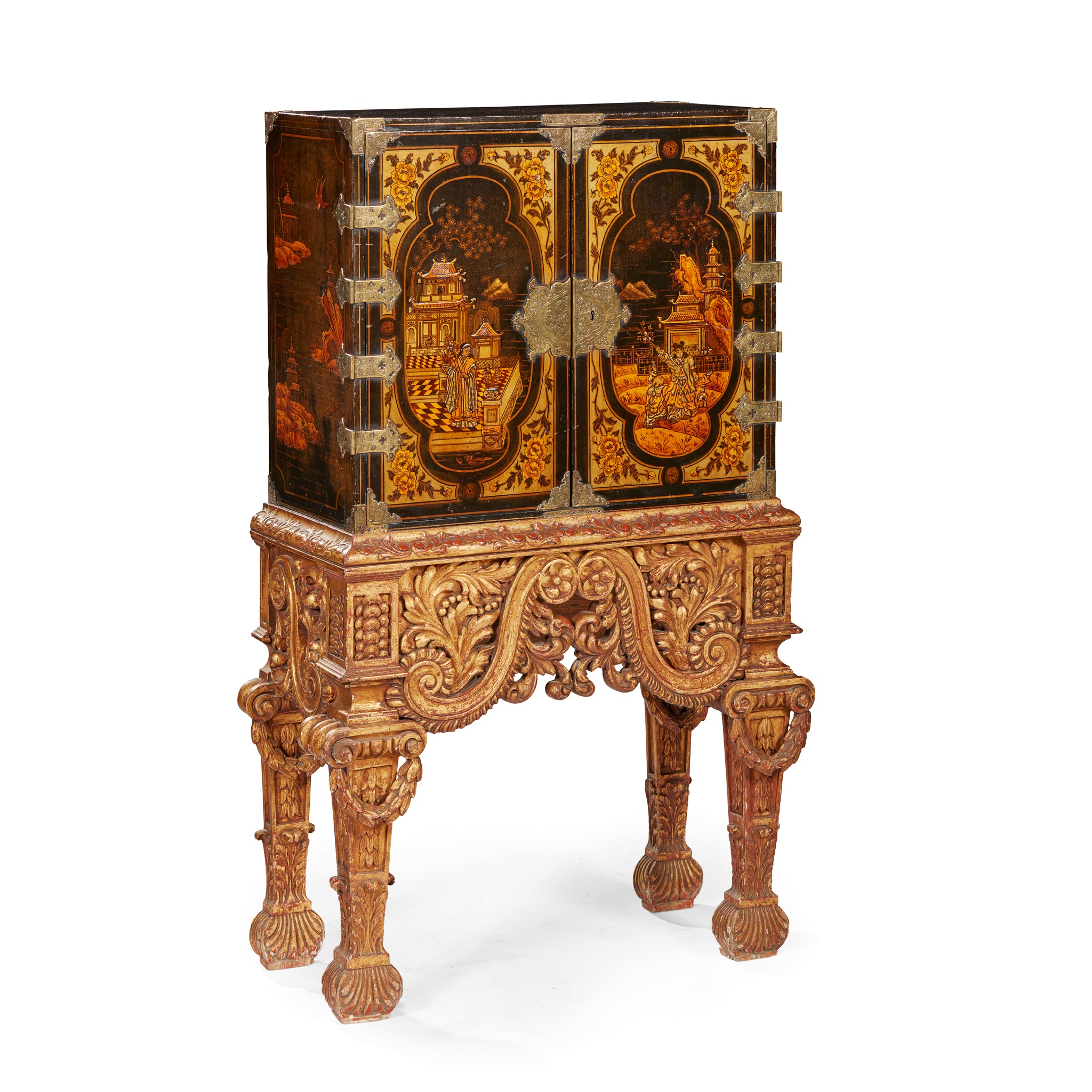 BLACK JAPANNED CHINOISERIE SMALL CABINET-ON-STAND