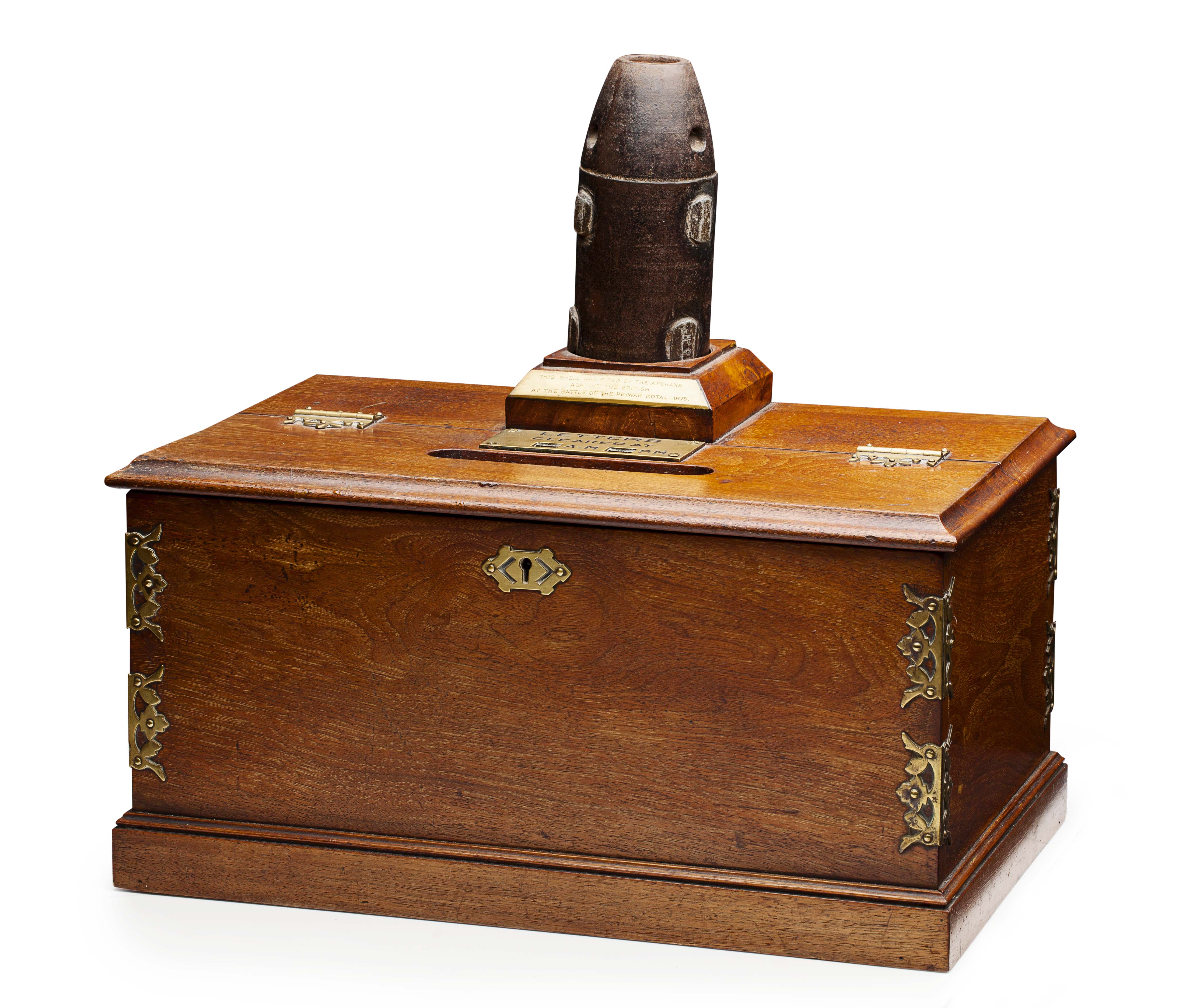 VICTORIAN WALNUT AND BRASS POST BOX OF MILITARY INTEREST