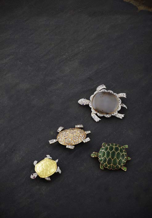 TIFFANY & CO - a green enamelled and gem set turtle form brooch