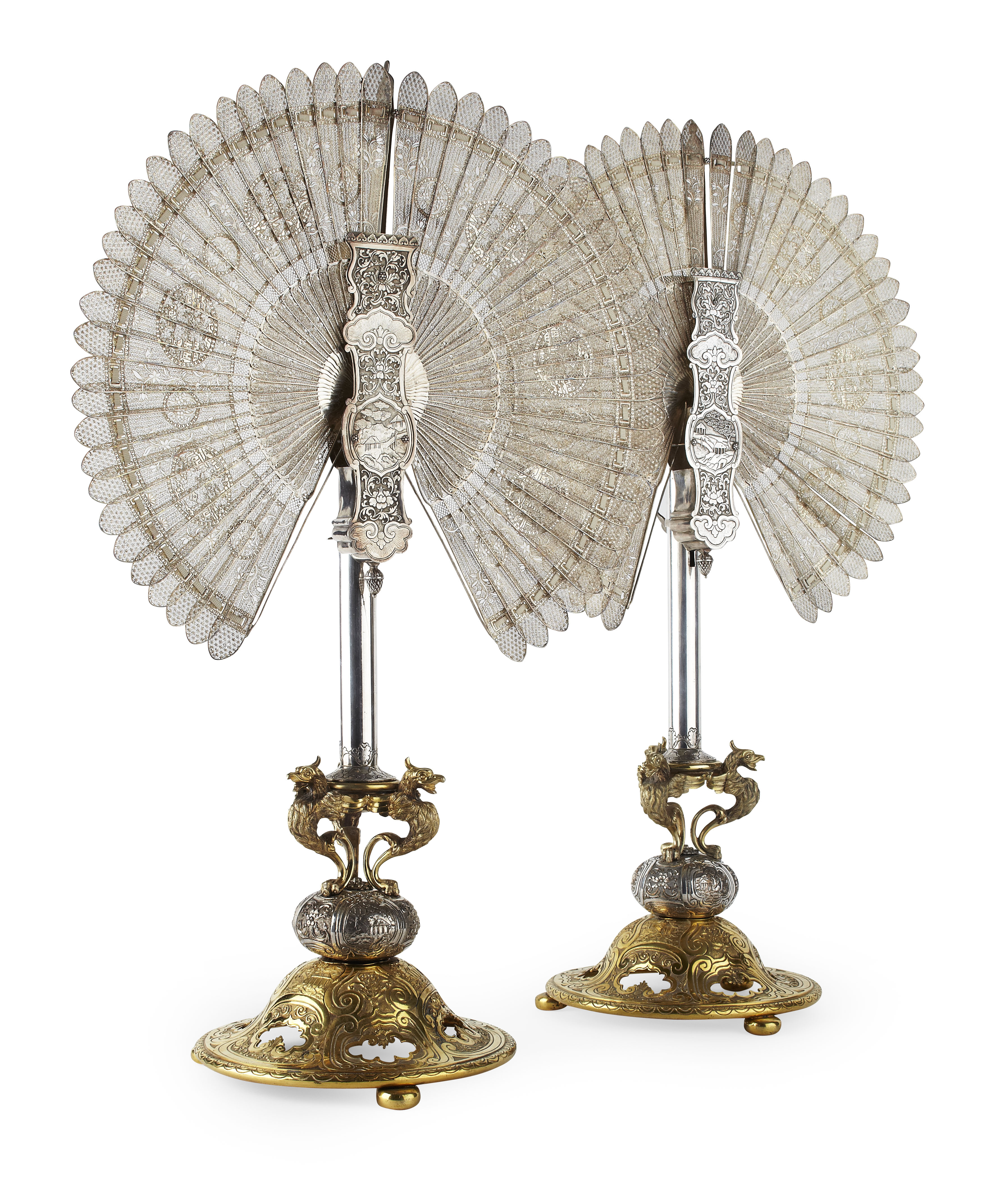 FINE PAIR OF CHINESE SILVER FILIGREE FANS, WITH EUROPEAN SILVERED AND GILT BRONZE STANDS