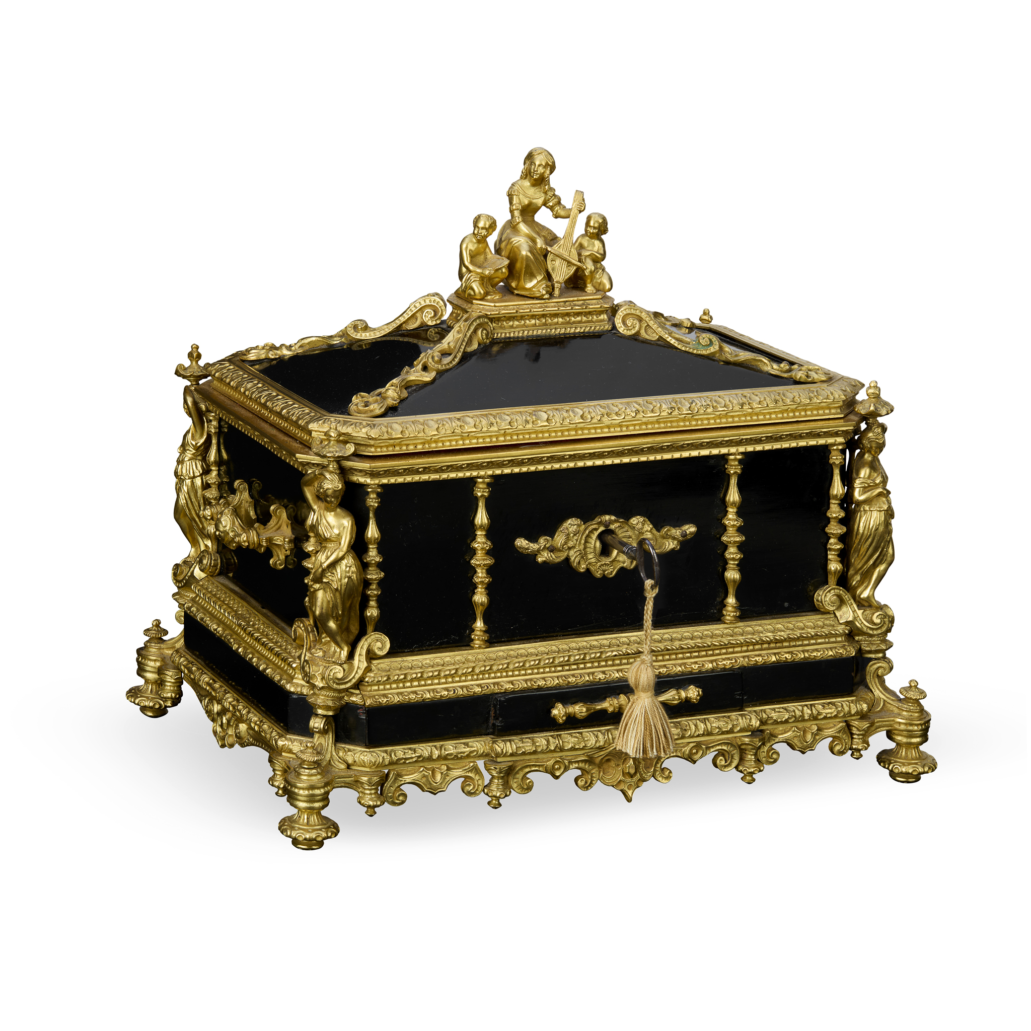 A NAPOLEON III EBONISED AND ORMOLU MOUNTED JEWELLERY CASKET