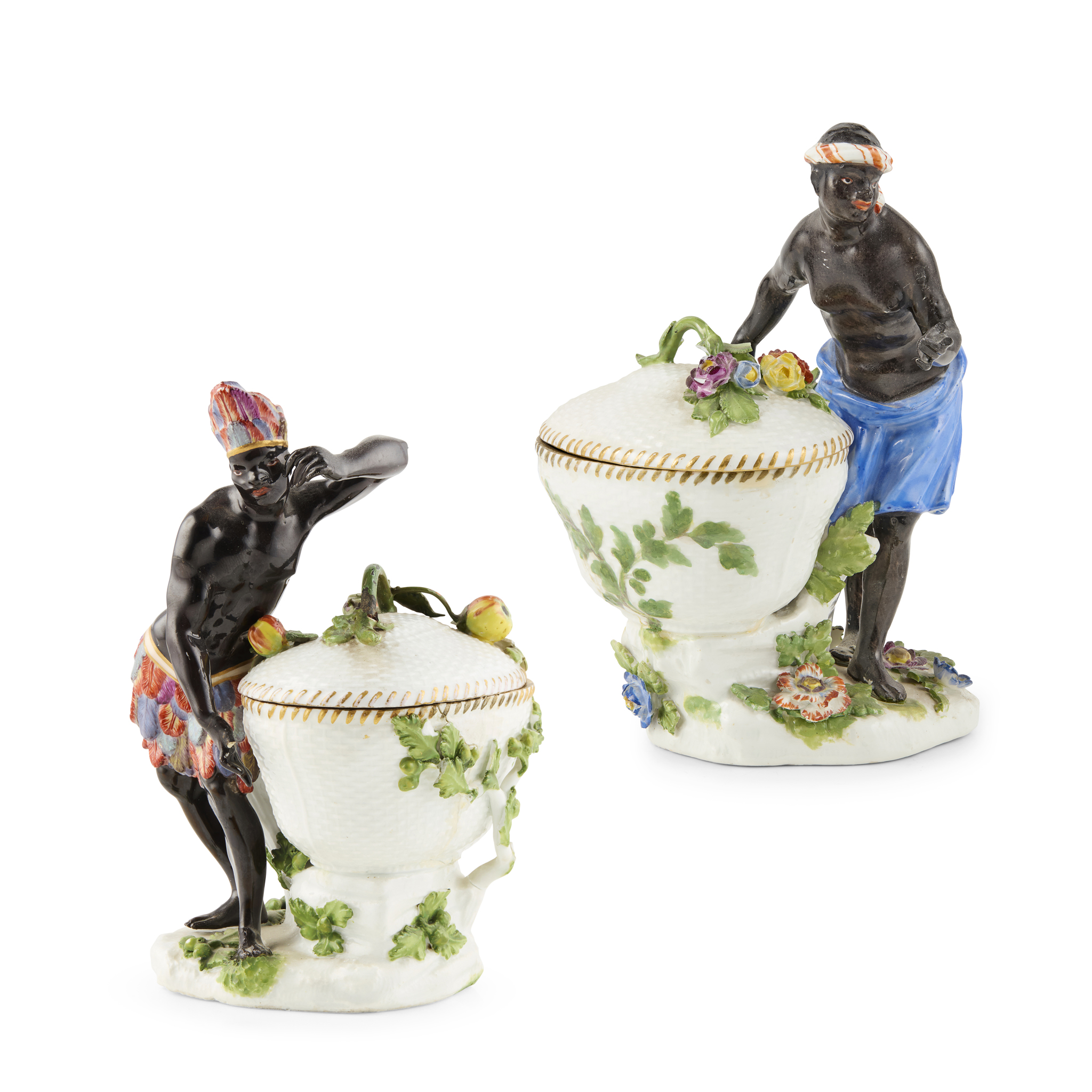 PAIR OF MEISSEN BLACKAMOOR FIGURES WITH COVERED BOWLS