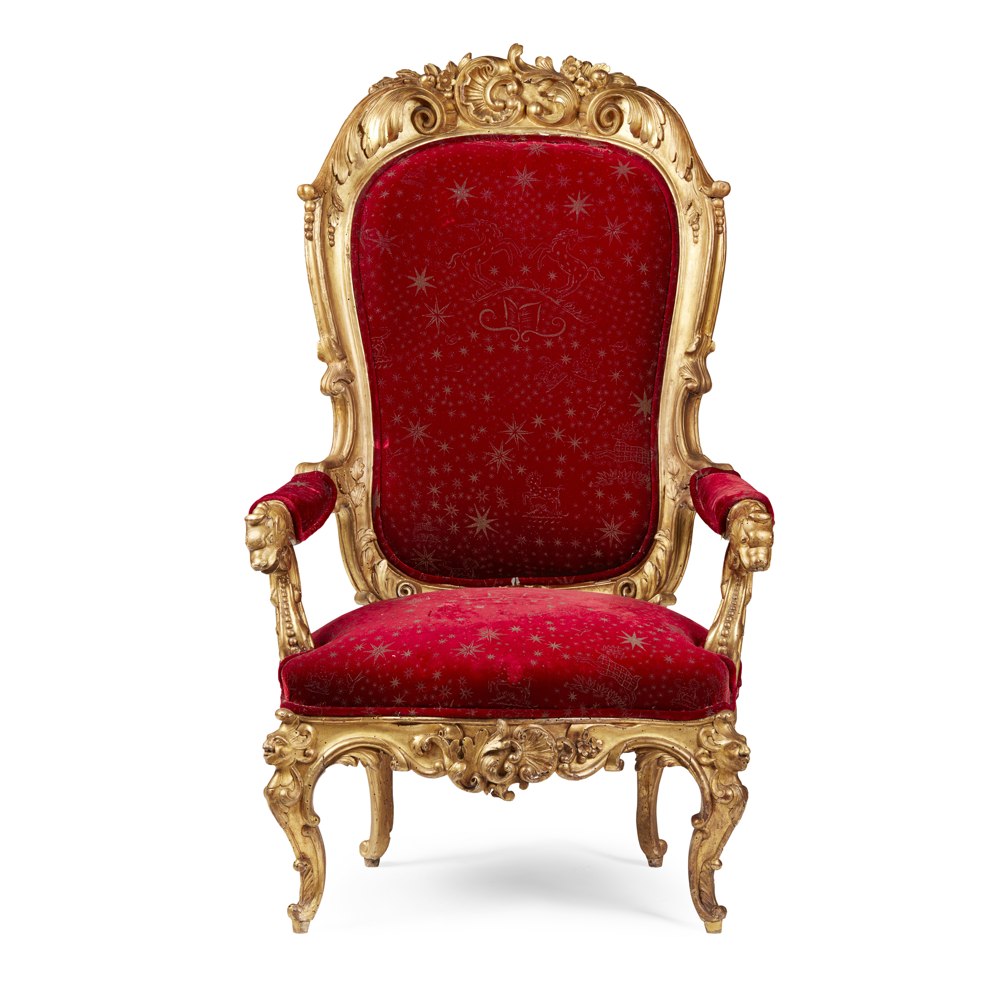 ITALIAN CARVED GILTWOOD THRONE ARMCHAIR
