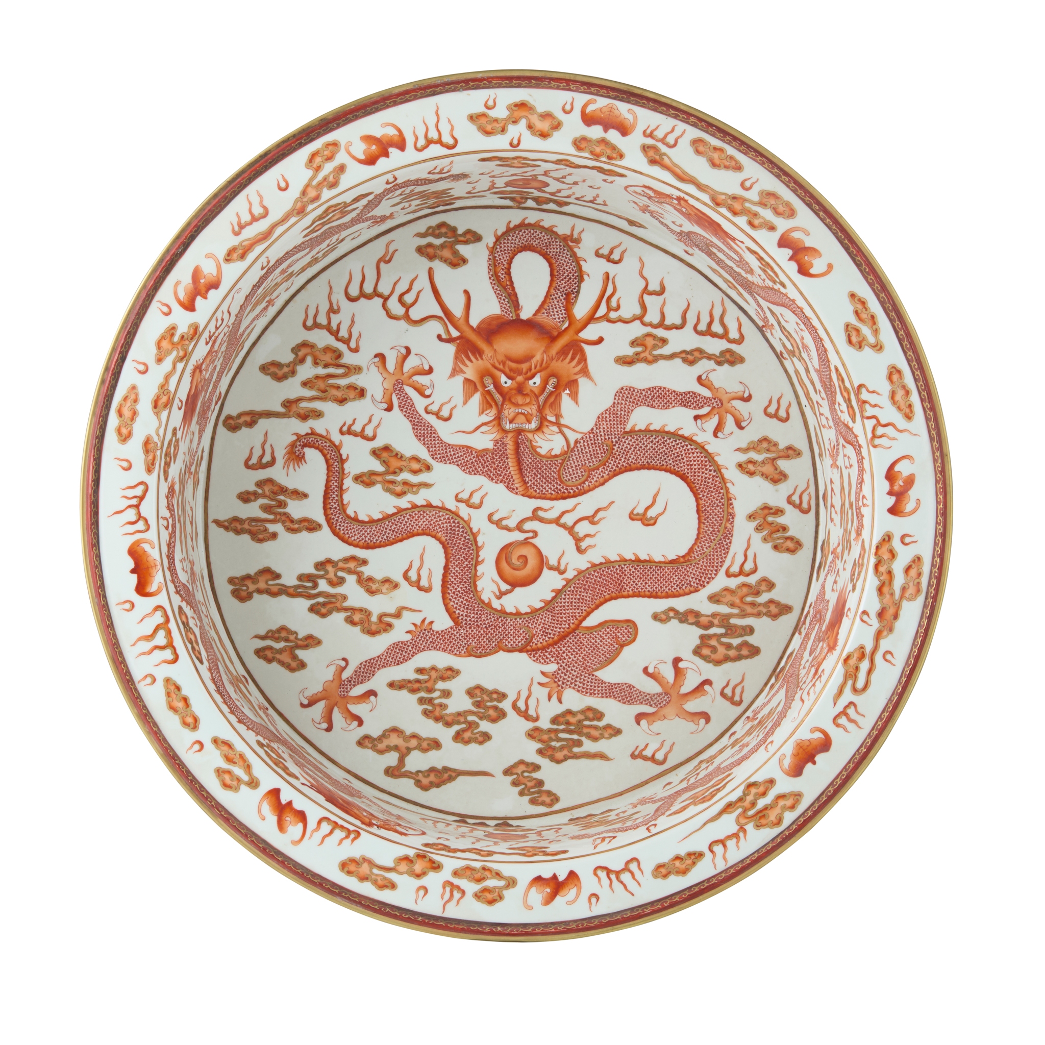 LARGE CHINESE IRON-RED AND GILT-DECORATED ‘DRAGON’ BASIN