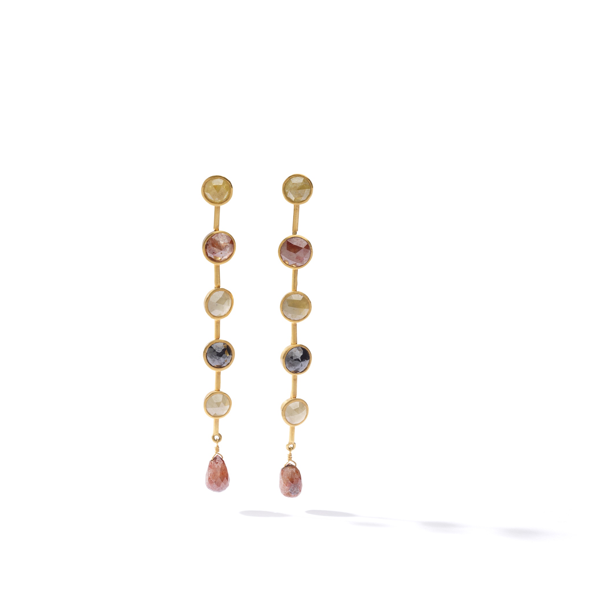 A pair of coloured diamond pendent earrings