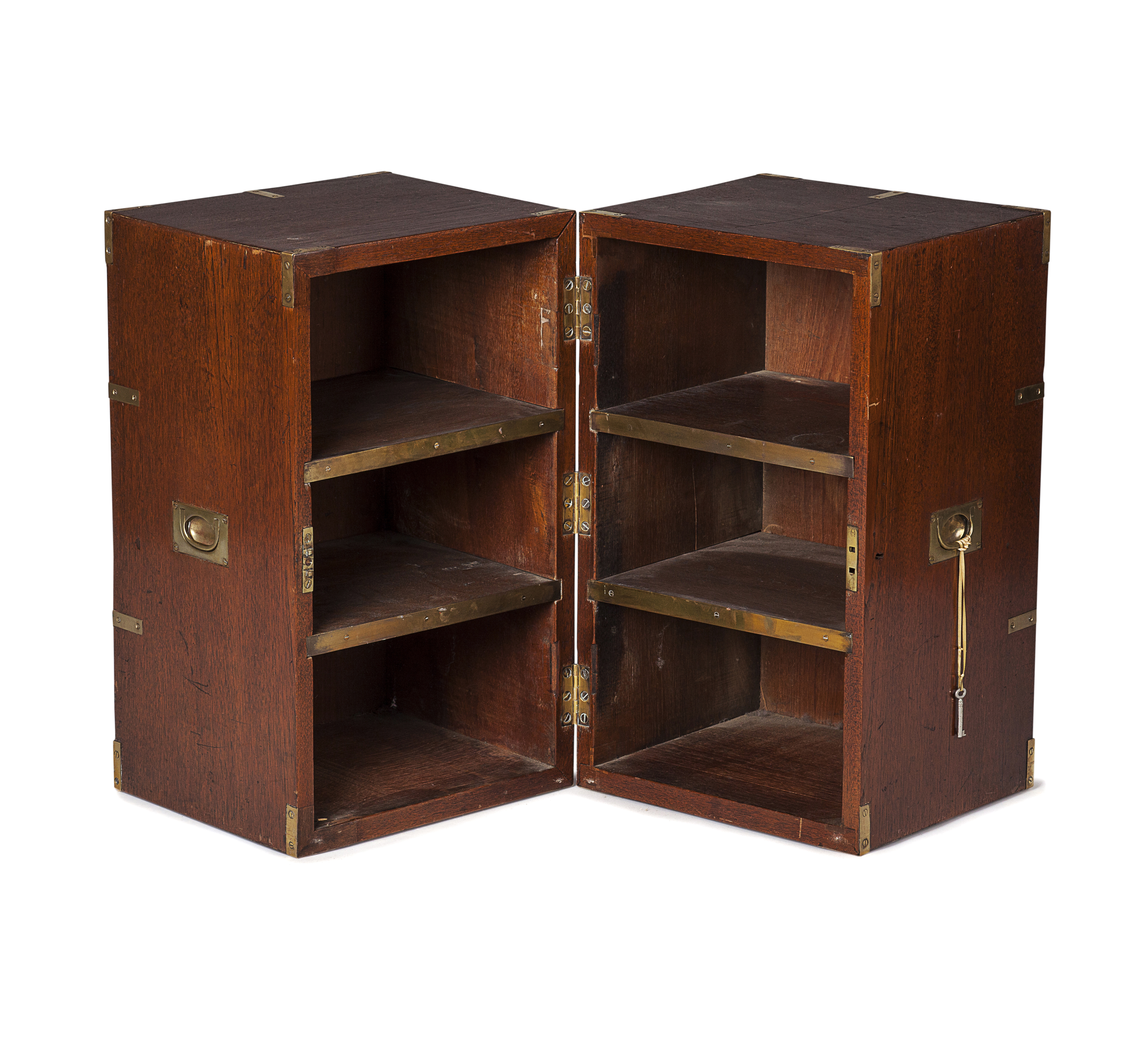 TEAK AND BRASS BOUND CAMPAIGN FOLDING TABLE BOOKCASE