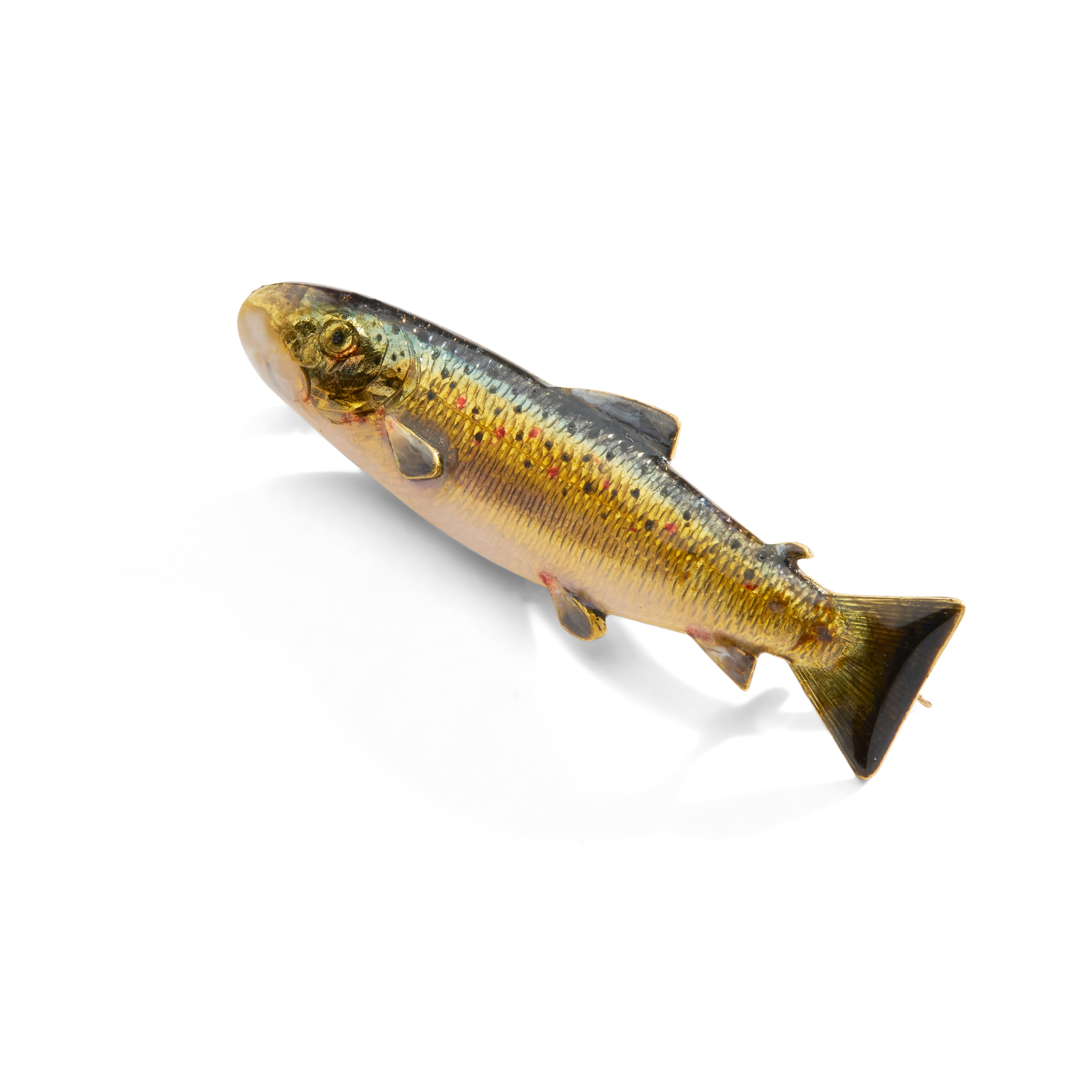 A LATE 19TH CENTURY ENAMELLED BROWN TROUT BROOCH