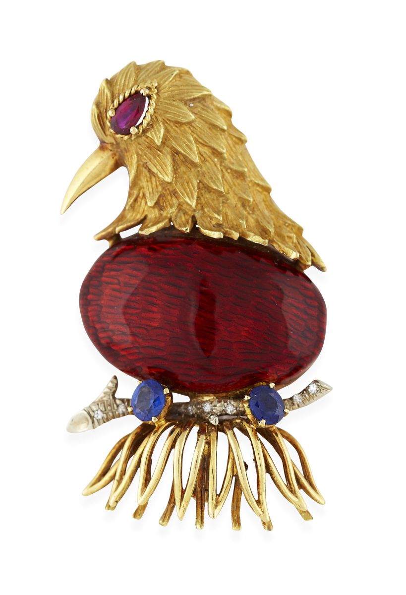 A mid-20th century multi-gem set and enamelled brooch