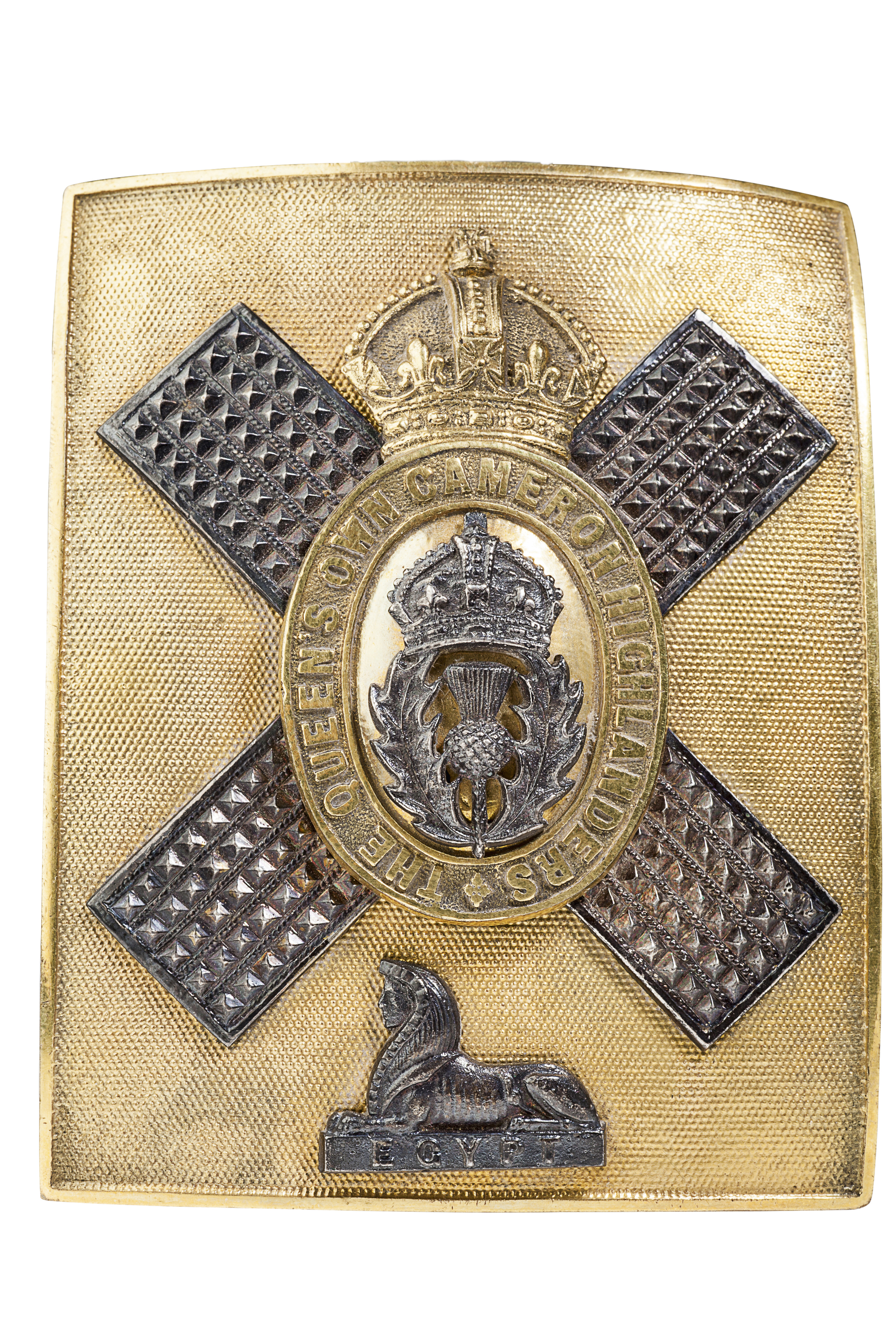 A Queen's Own Cameron Highlanders gilt brass and white metal cross belt plate