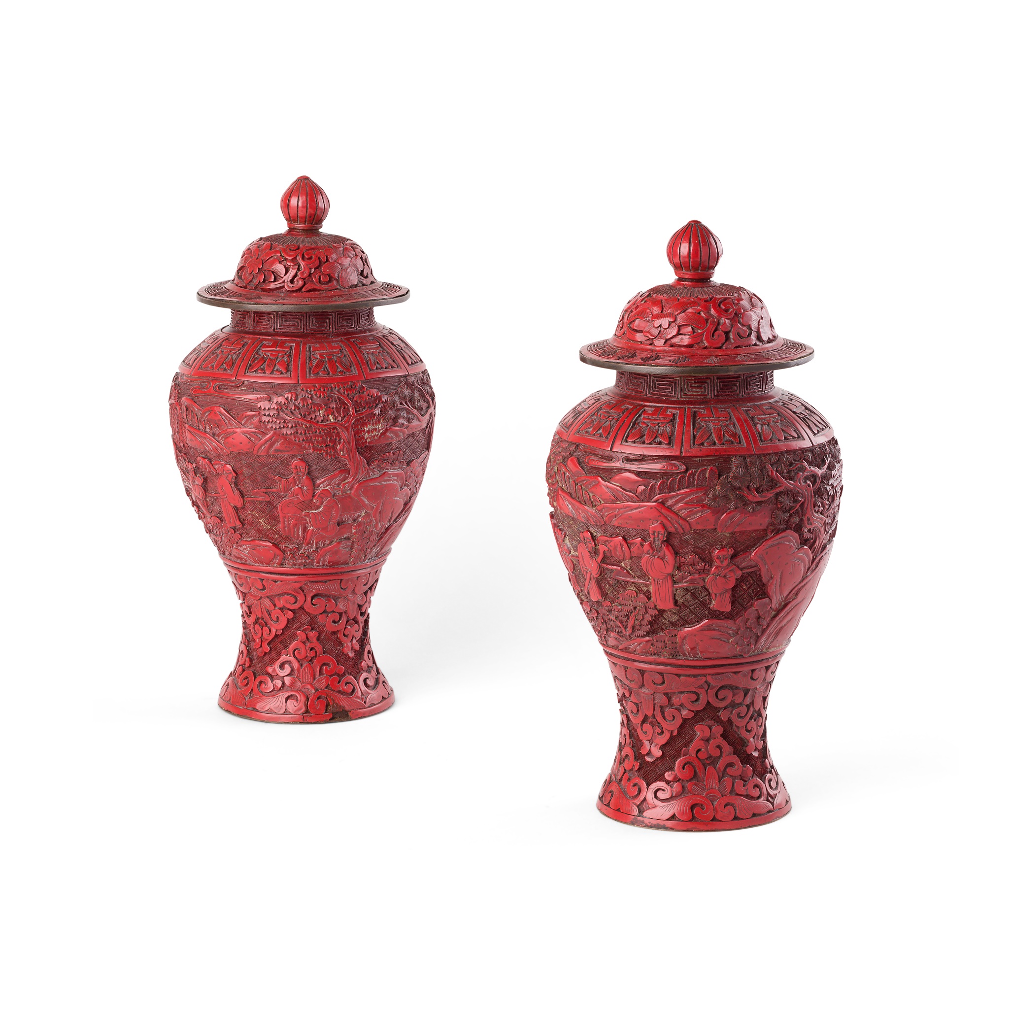 PAIR OF CHINESE CINNABAR LACQUER JARS AND COVERS