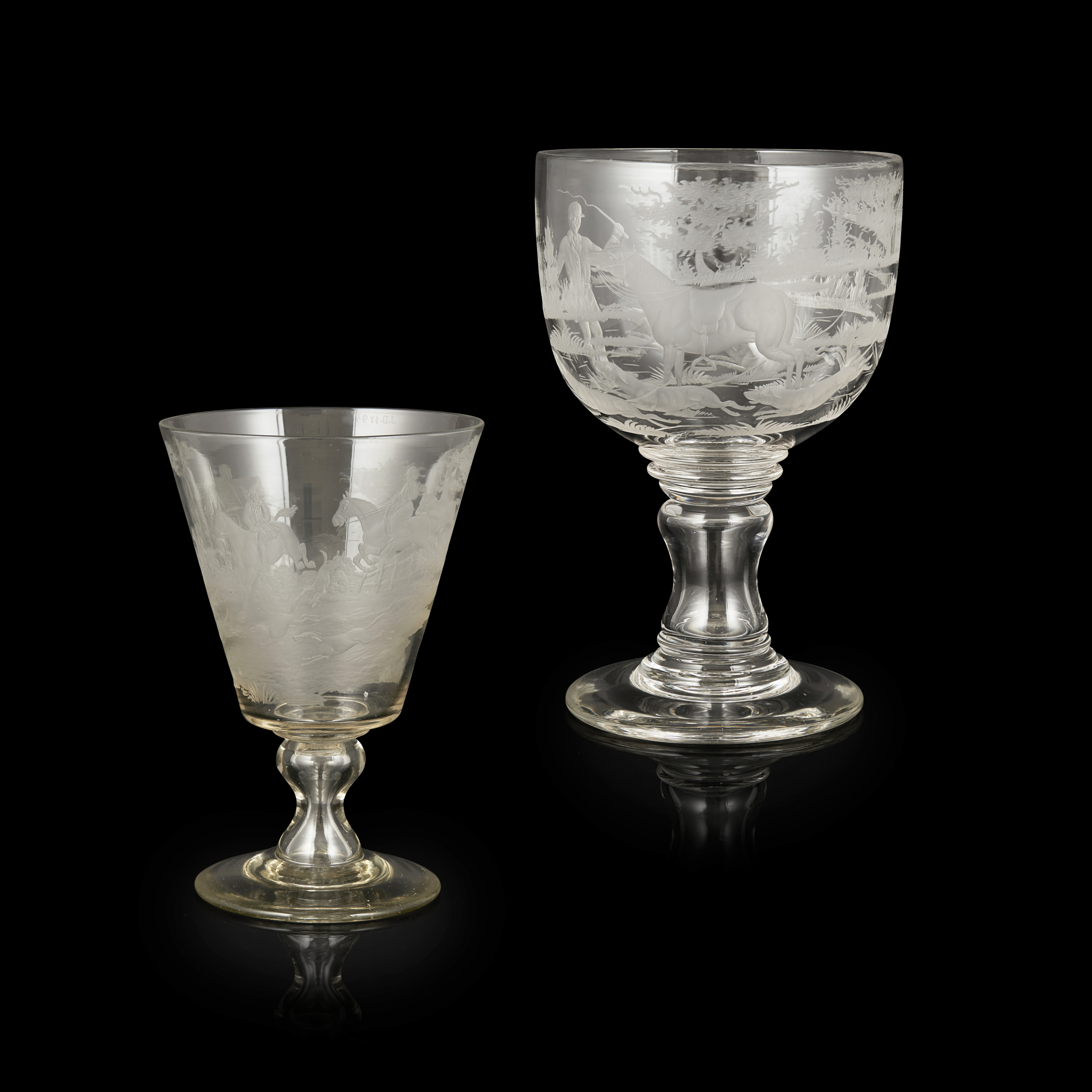 TWO LARGE ENGRAVED HUNTING GLASS GOBLETS
