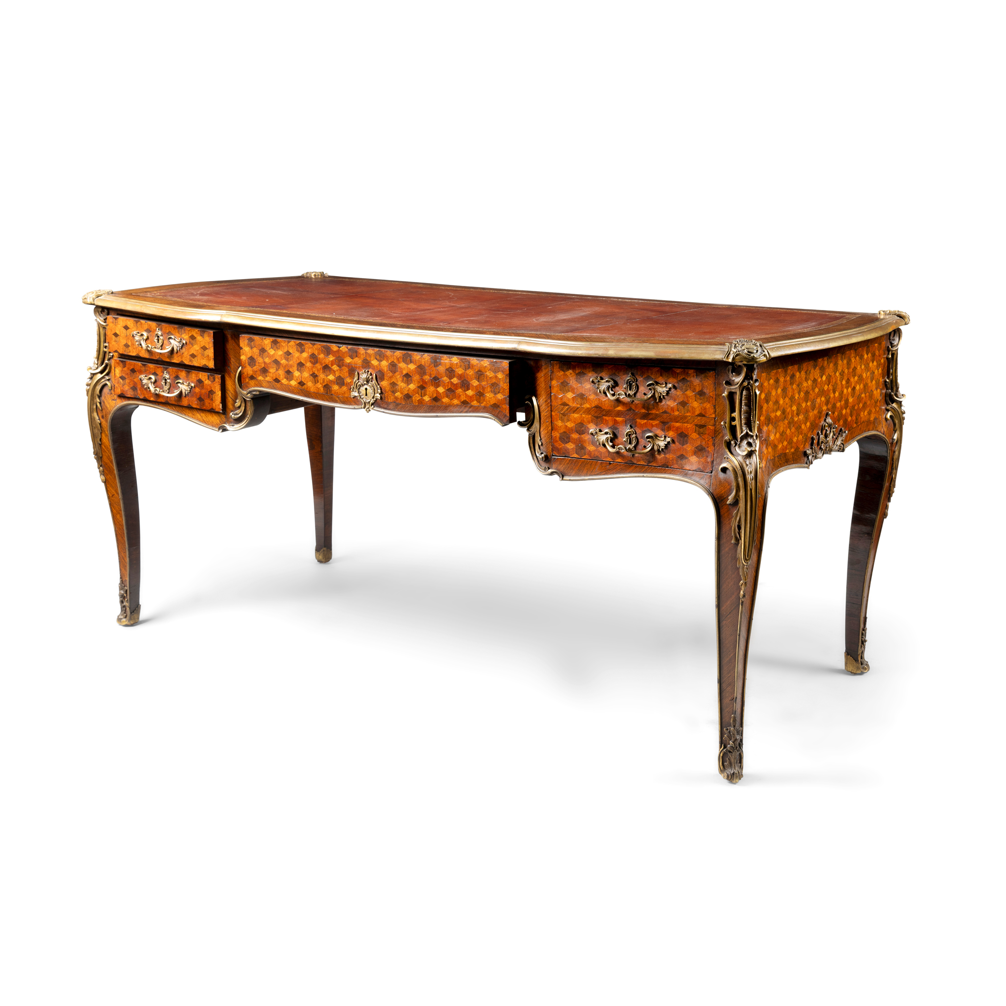 A ROSWEOOD AND PARQUETRY, GILT METAL MOUNTED BUREAU PLAT