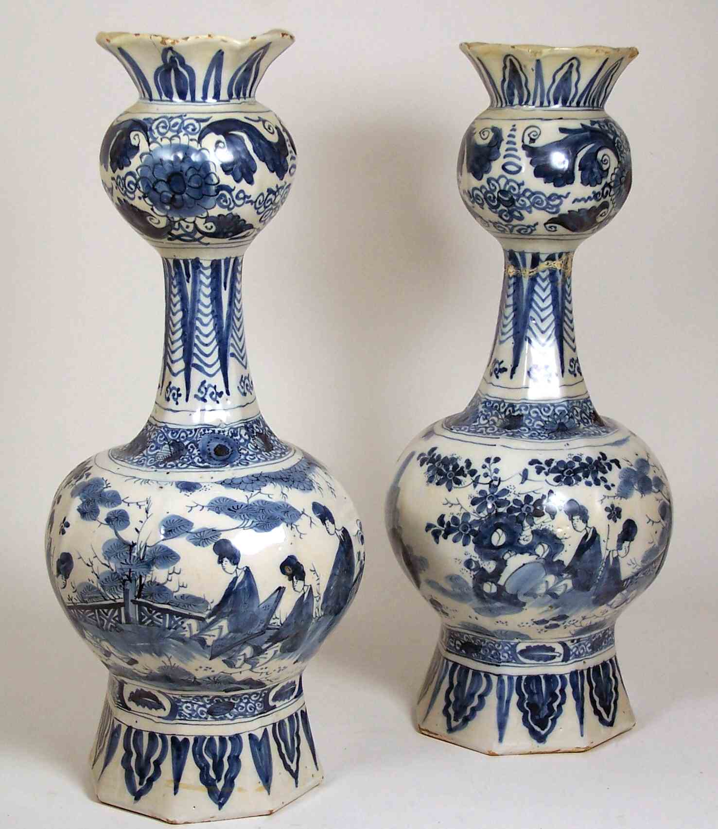 A pair of 18th century Dutch Delft blue painted vases