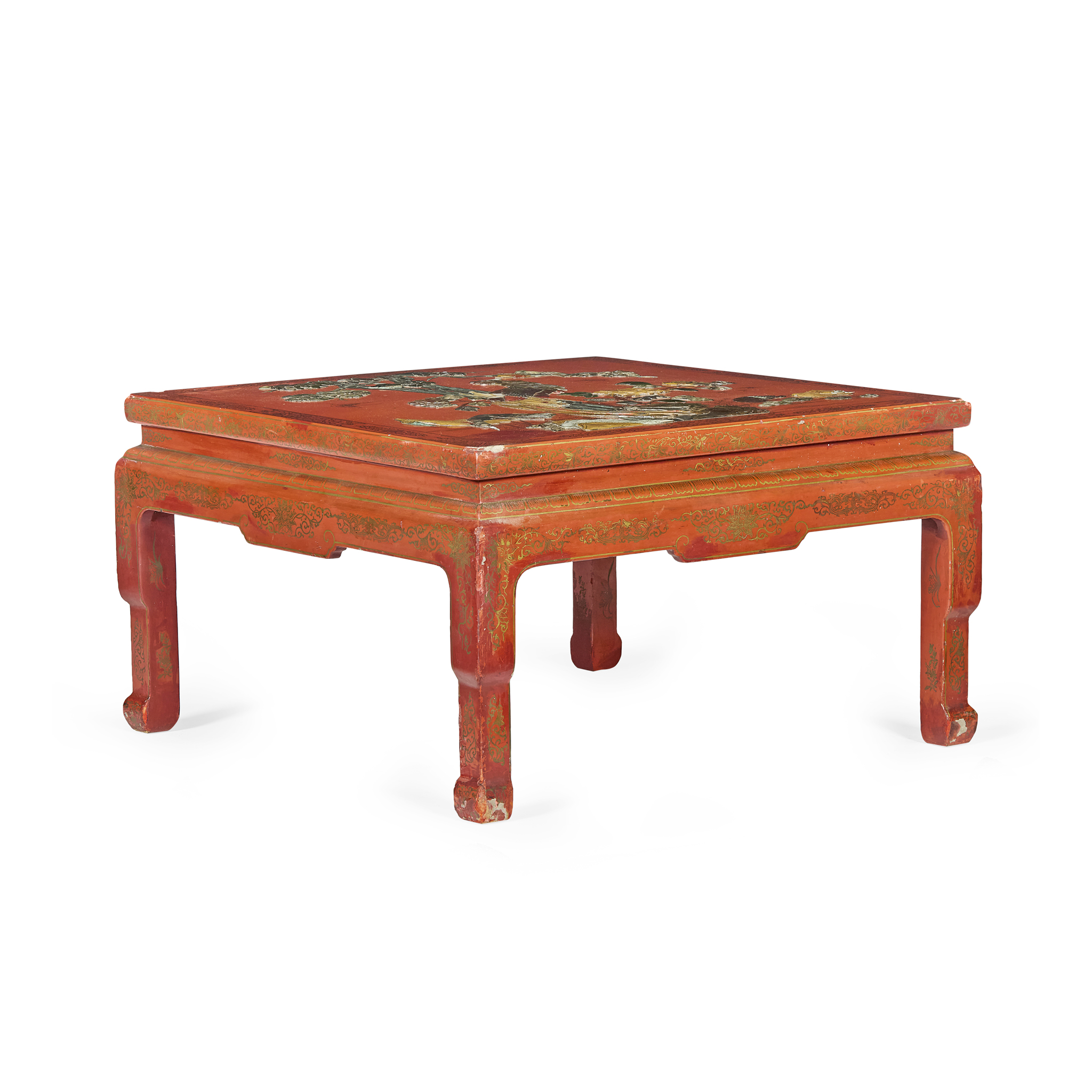 CHINESE RED LACQUER AND HARDSTONE MOUNTED LOW TABLE