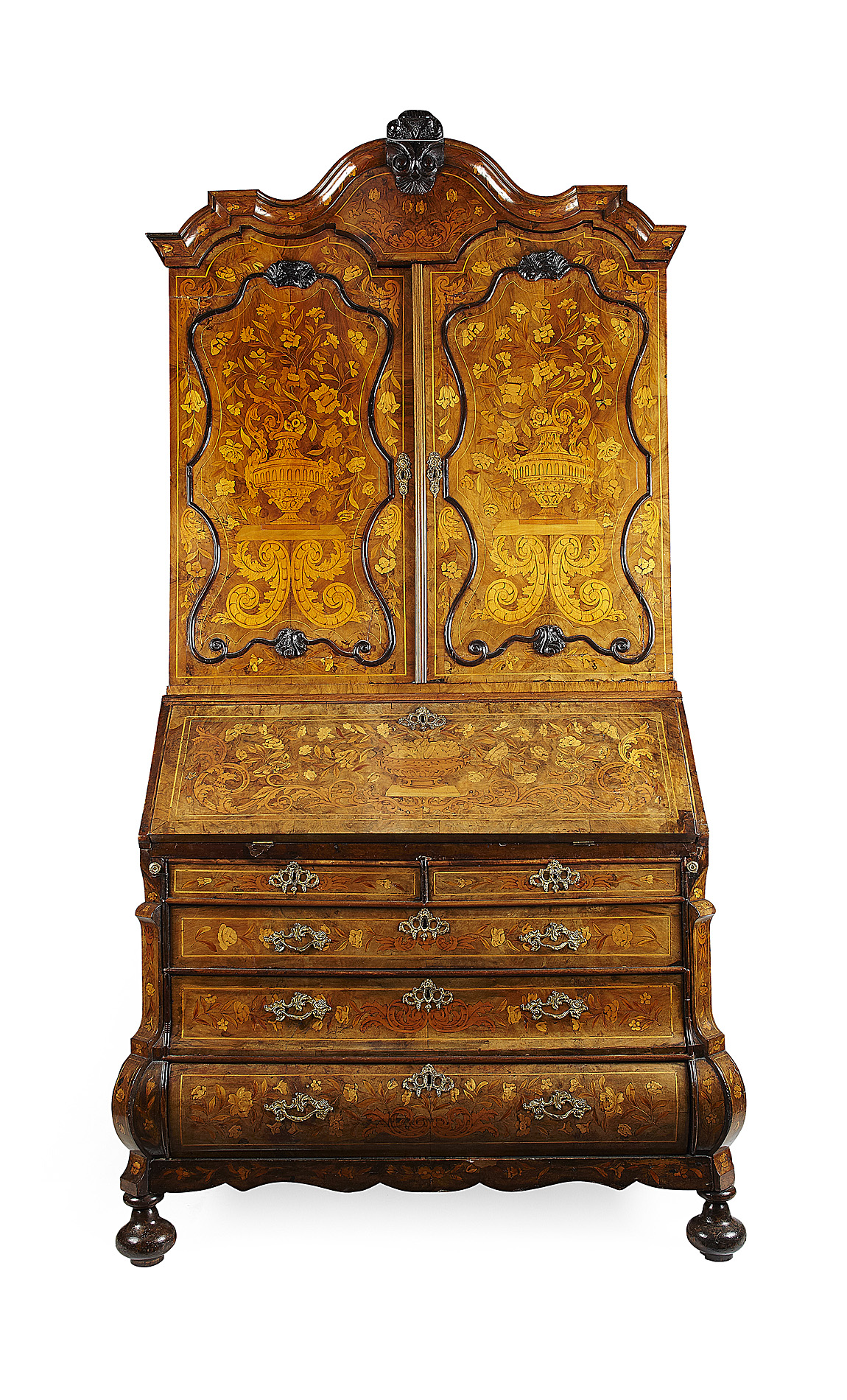 DUTCH WALNUT AND MARQUETRY BOMBE BUREAU BOOKCASE