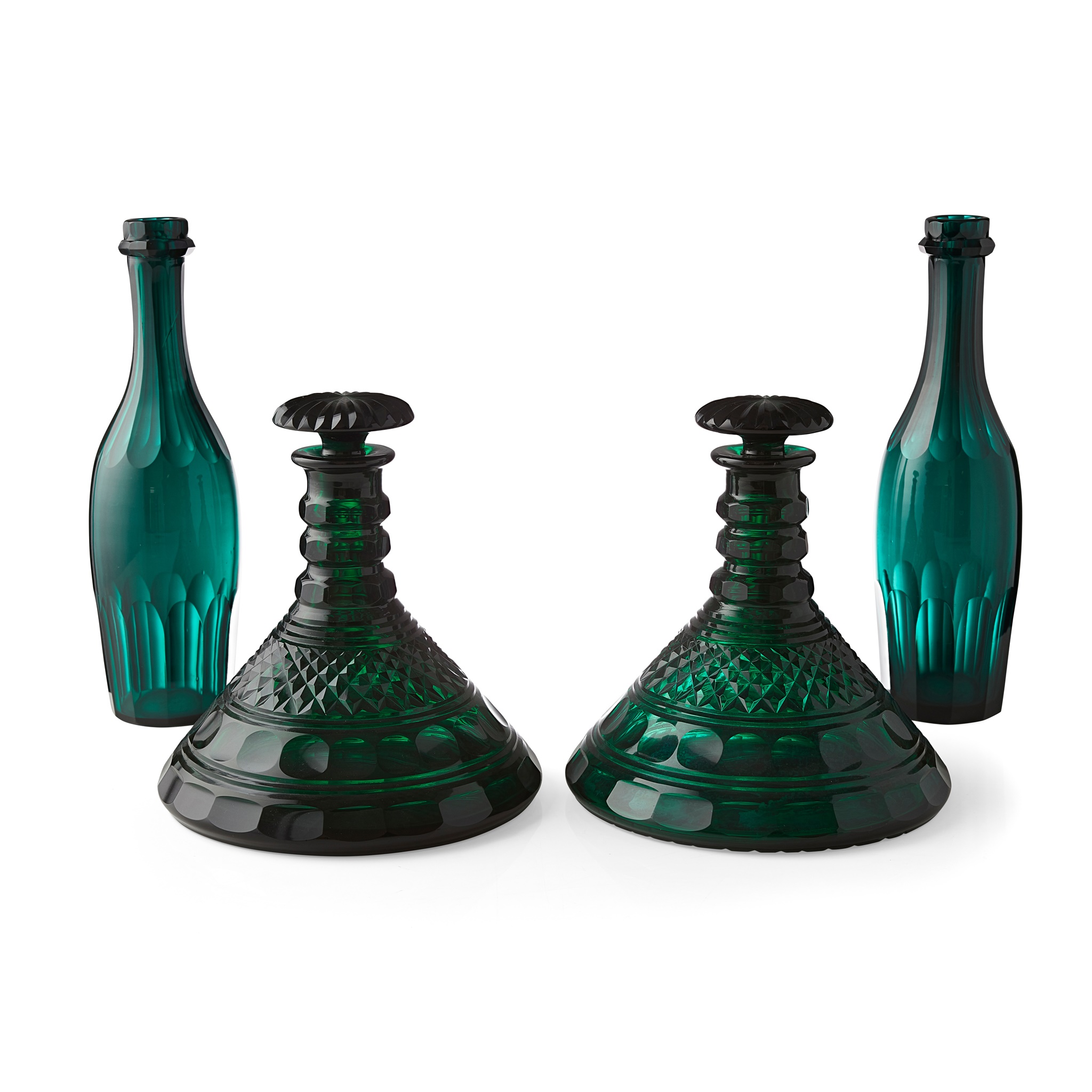 PAIR OF REGENCY GREEN GLASS SHIP'S DECANTERS
