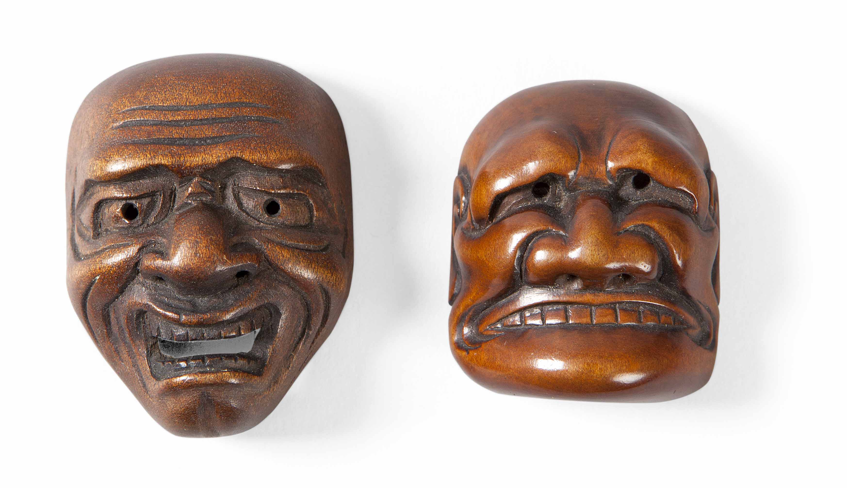 JAPANESE CARVED WOOD MASK NETSUKE