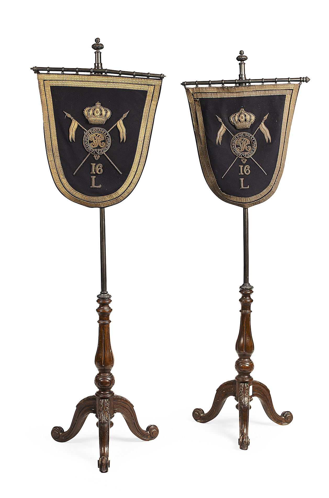 PAIR OF VICTORIAN OAK AND NEEDLEWORK POLE SCREENS